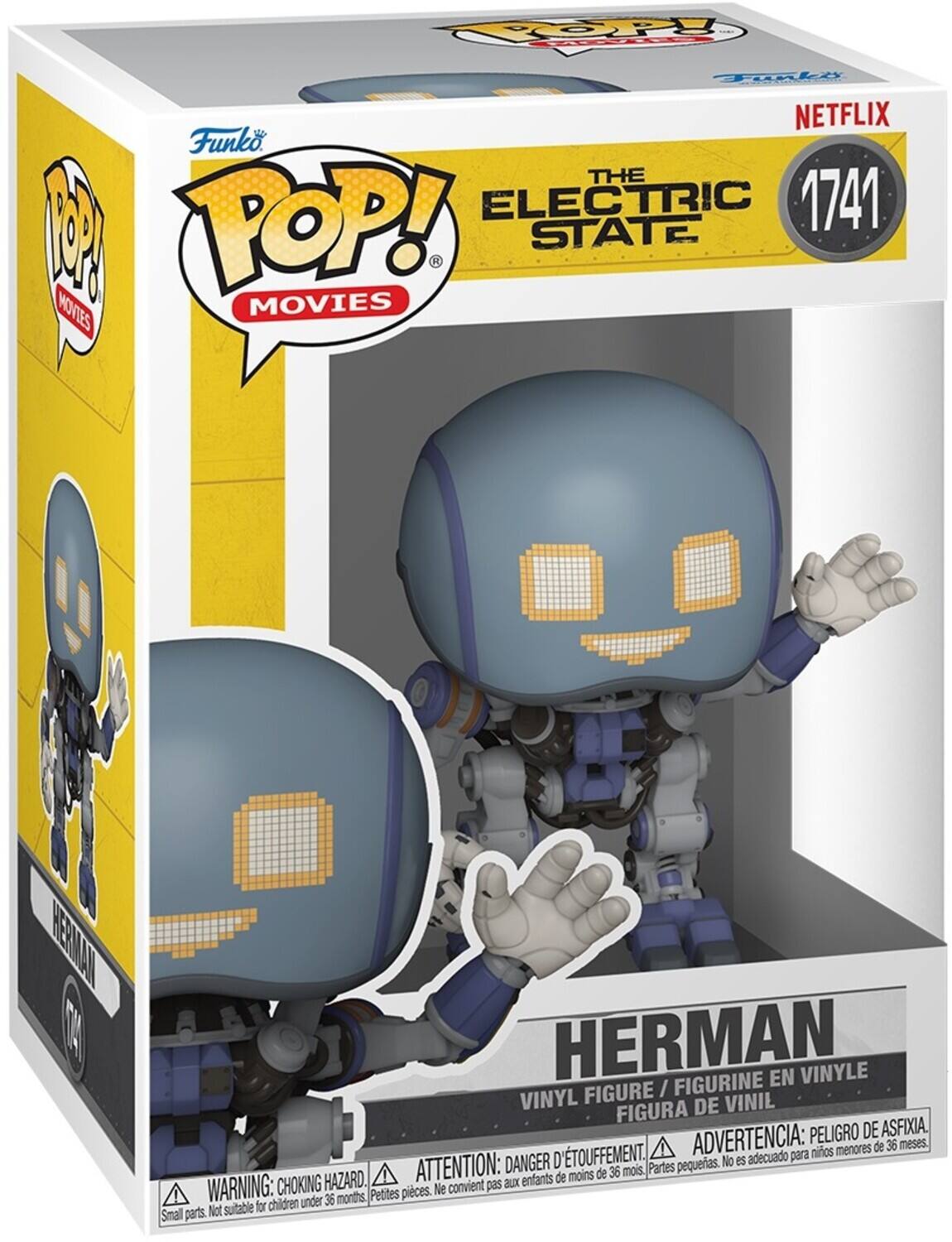 Funko, The Electric State, 1741, Pop! Movies, Herman, Vinyl Figure, Peligro de asfixia, Danger d'étouffement, Advertencia: peligro de asfixia, Danger d'étouffement, Warning: choking hazard, Attention: choking hazard, Not suitable for children under 36 months, No es adecuado para niños menores de 36 meses, Partes pequeñas. No convienen para niños menores de 36 meses, Small parts. Not suitable for children under 36 months
