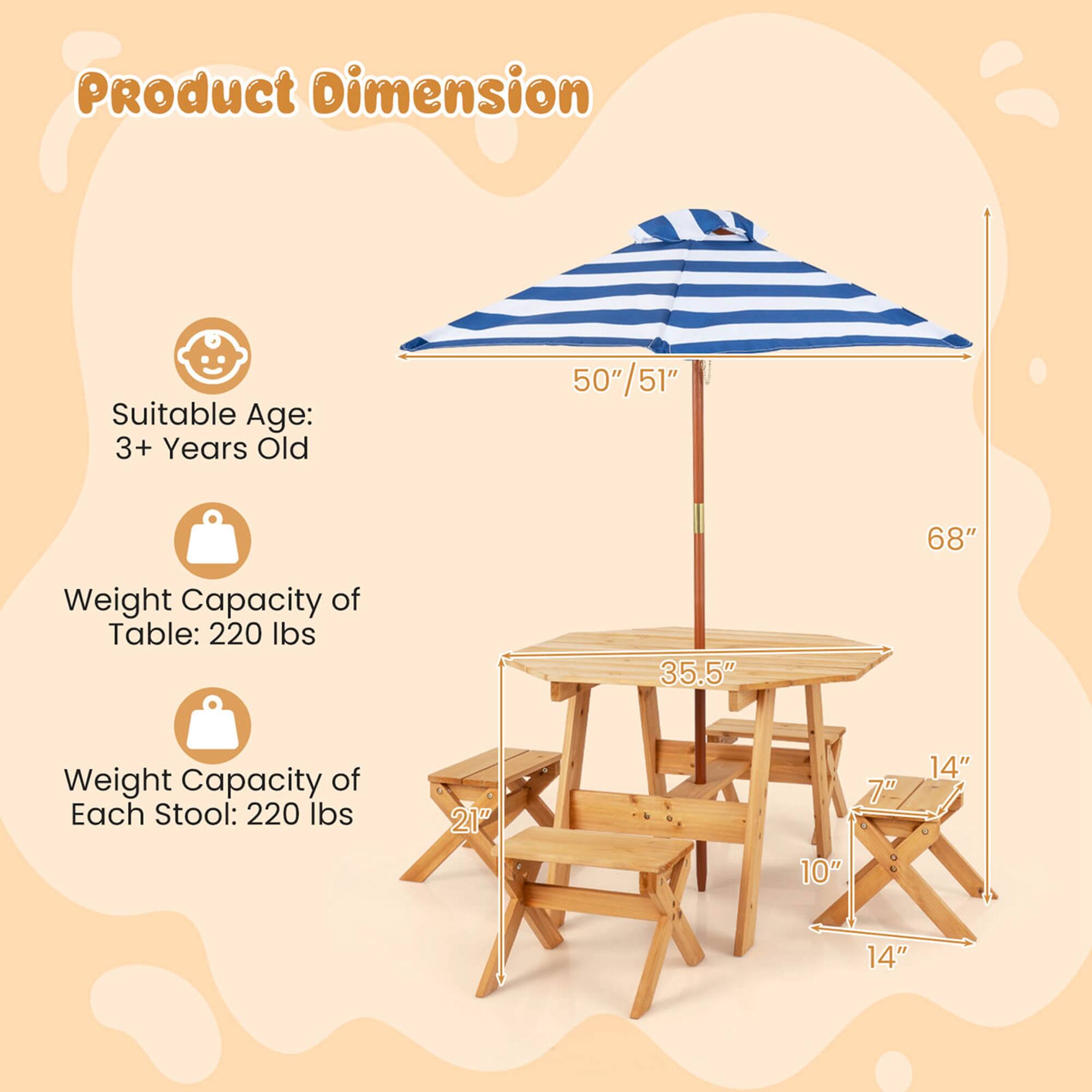 Product Dimension

Suitable Age: 3+ Years Old

Weight Capacity of Table: 220 lbs

Weight Capacity of Each Stool: 220 lbs

Dimensions:
- Umbrella: 50"/51" diameter, 68" height
- Table: 35.5" width, 21" depth
- Stool: 10" width, 7" height, 14" depth