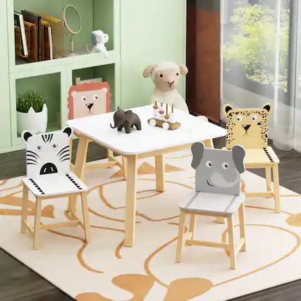 Front. GOODSILO - Kids Table and Chair Set - 5 Piece Wood Furniture with Cartoon Animals (3-8 Years) - White.