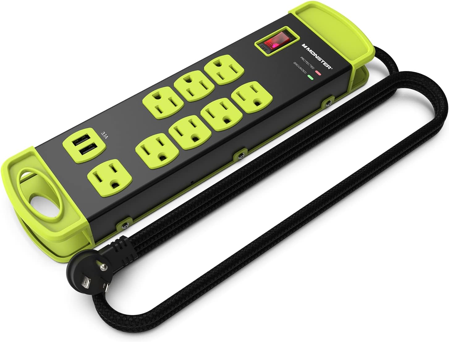 The text on the image reads "OFF GROUNDED PROTECTED MONSTER 0000 000 IA  D." This text is likely related to the electrical outlets on the device, indicating that the outlets are grounded, protected, and designed for use with specific types of devices or appliances.