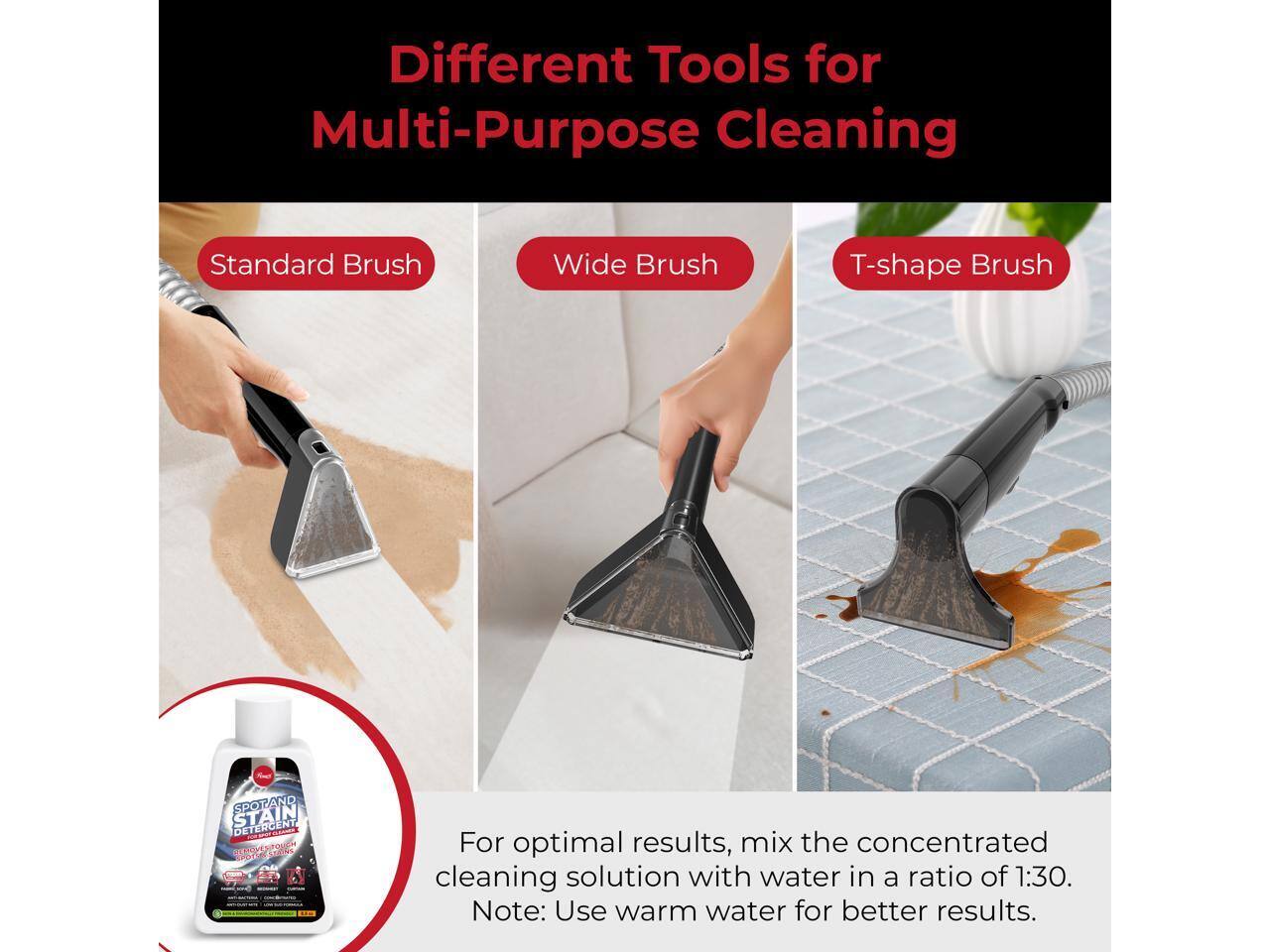 Different Tools for Multi-Purpose Cleaning

- Standard Brush
- Wide Brush
- T-shape Brush

For optimal results, mix the concentrated cleaning solution with water in a ratio of 1:30. Note: Use warm water for better results.