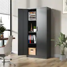 HTUTWOO - Metal Garage Cabinet with Lock - 71"H Tool Cabinet with Doors & 3 Adjustable Shelves, Tall Lockable Storage for Home - Black