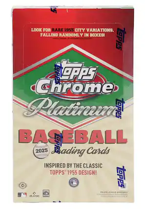 LOOK FOR RARE 1955 CITY VARIATIONS, FALLING RANDOMLY IN BOXES! TOPPS Chrome Platinum BASEBALL Trading Cards 2025 INSPIRED BY THE CLASSIC TOPPS 1955 DESIGN! MAJOR LEAGUE BASEBALL OFFICIALLY LICENSED PRODUCT OF MAJOR LEAGUE BASEBALL PLAYERS