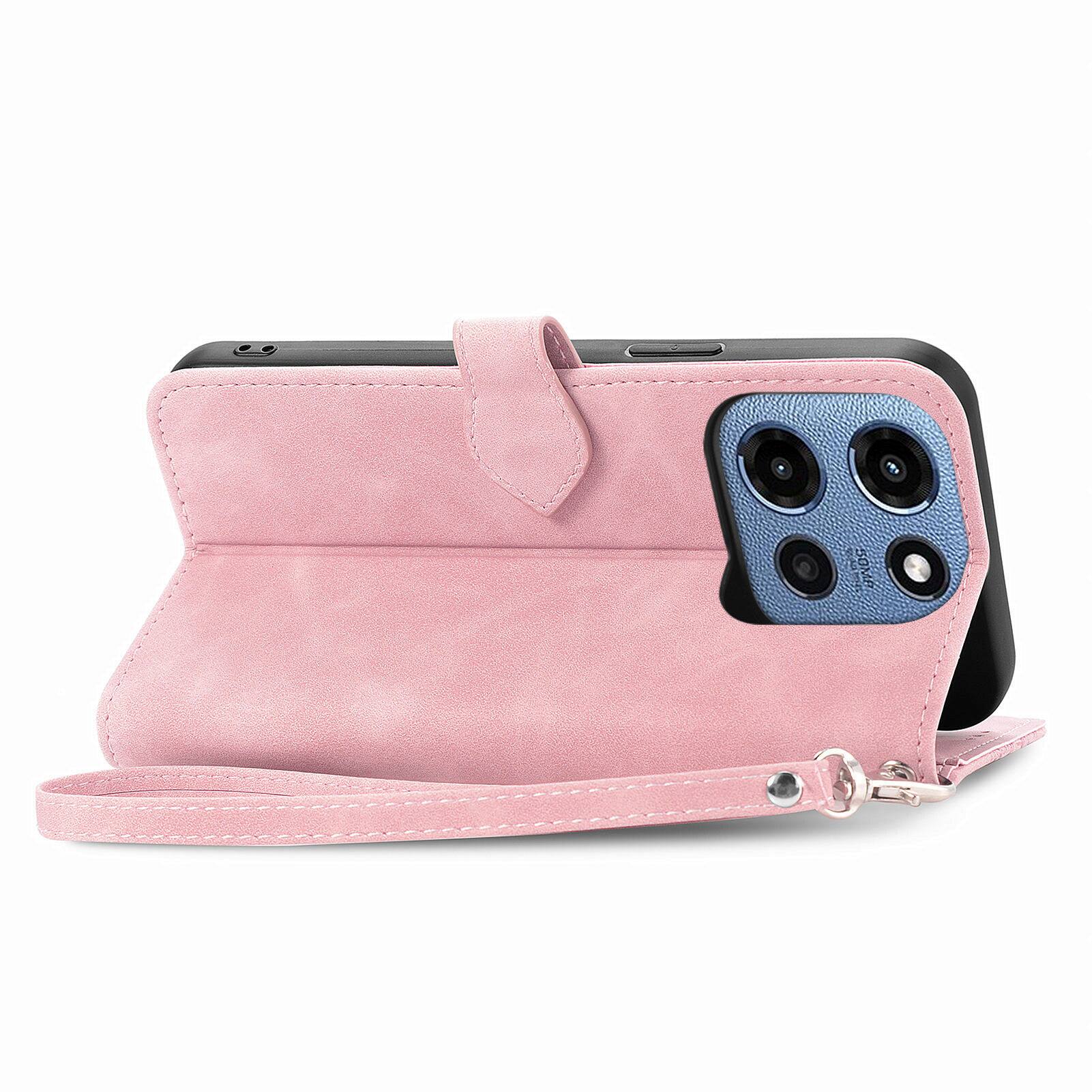 Alt View 1. Dteck - for Motorola G 5G (2025) Wallet Case,Folio Shockproof PU Leather Card Holder Cover with Zipper Pocket & Wrist Strap - Pink.
