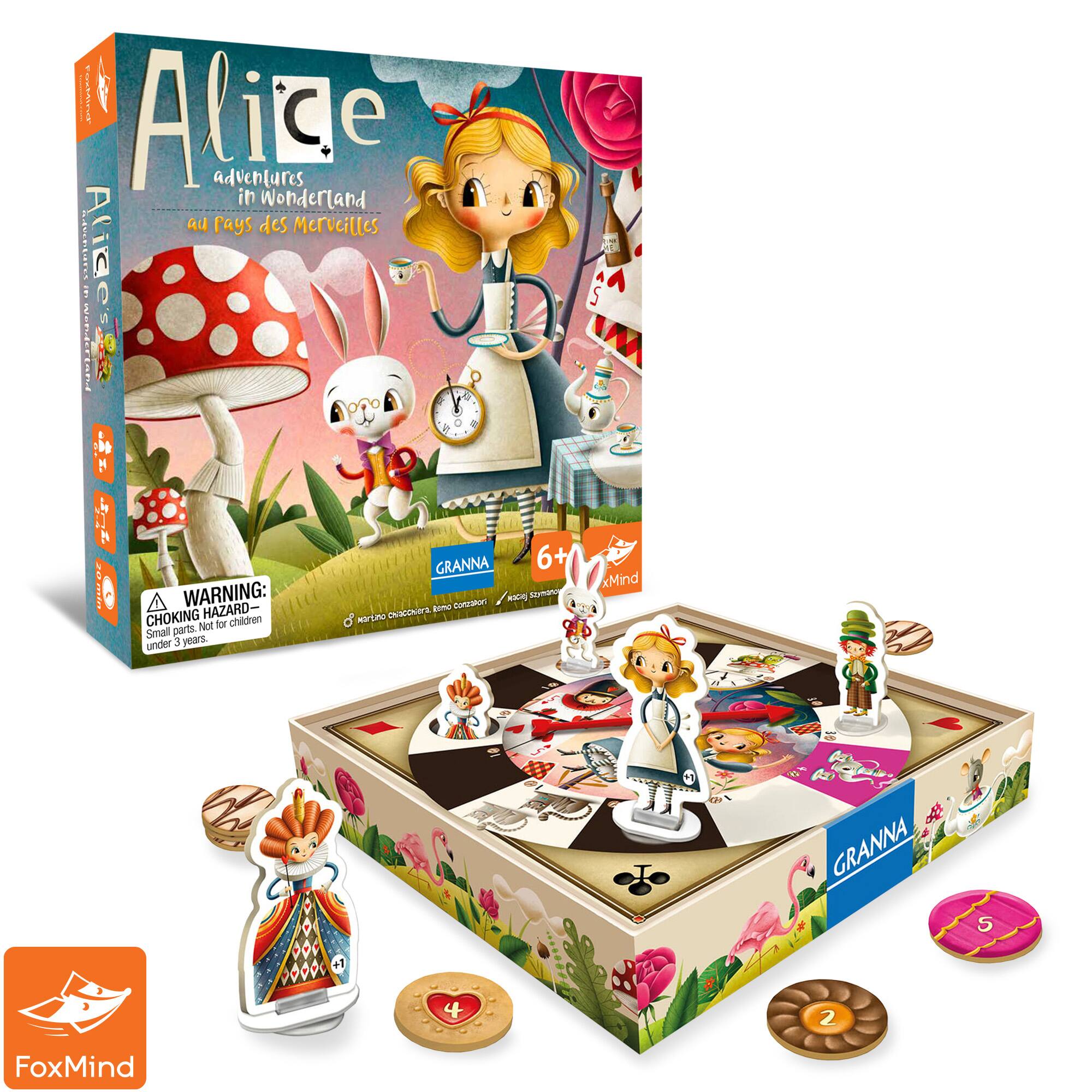 Alice Adventures in Wonderland is a board game that is suitable for players aged 6 and above. It is a choking hazard for children under 3 years old, so it should not be played by them. The game is designed for 2 to 4 players and comes with a set of instructions. The game is made by FoxMind and is a fun and engaging way to spend time with friends and family.