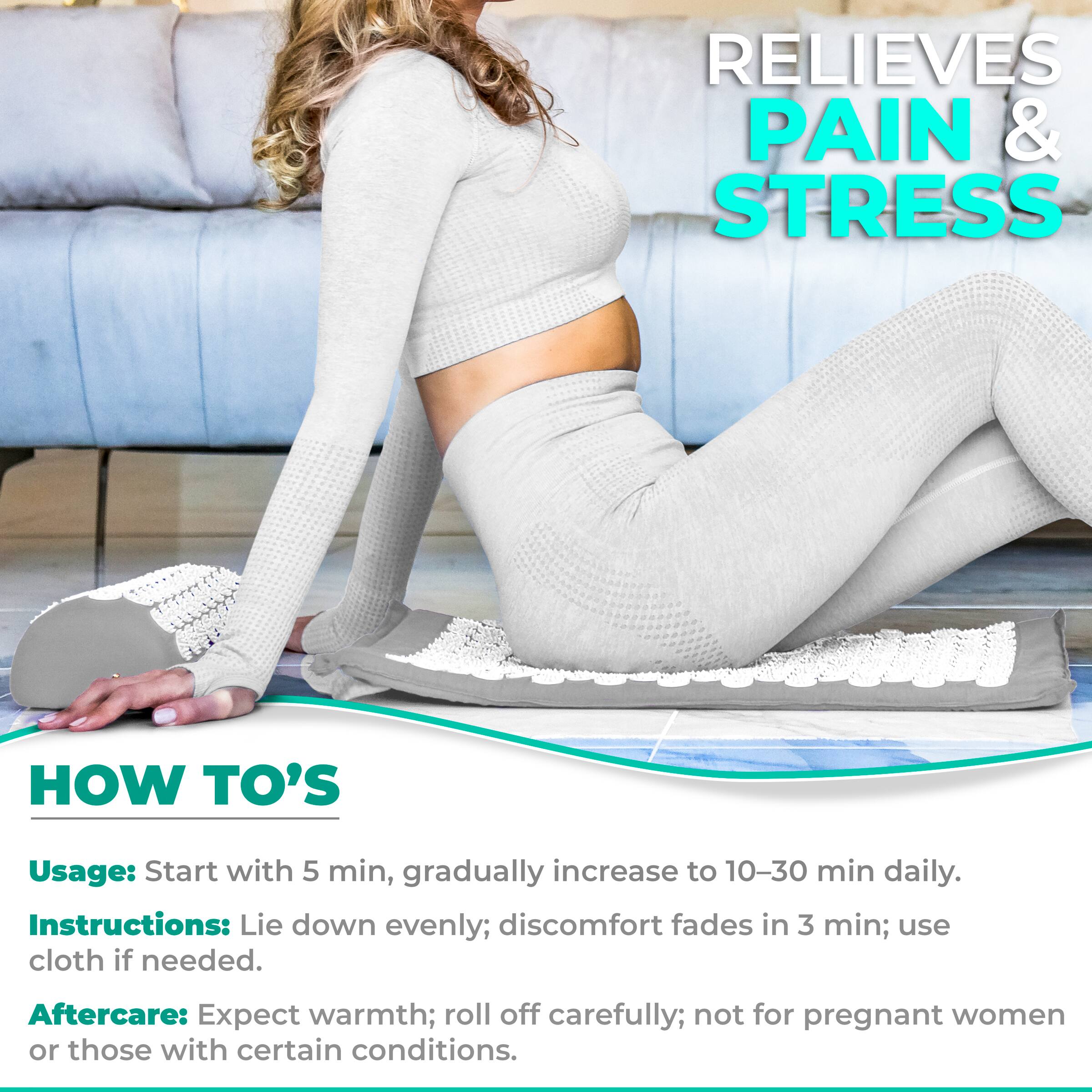 RELIEVES PAIN & STRESS

HOW TO'S

Usage: Start with 5 min, gradually increase to 10-30 min daily.

Instructions: Lie down evenly; discomfort fades in 3 min; use cloth if needed.

Aftercare: Expect warmth; roll off carefully; not for pregnant women or those with certain conditions.