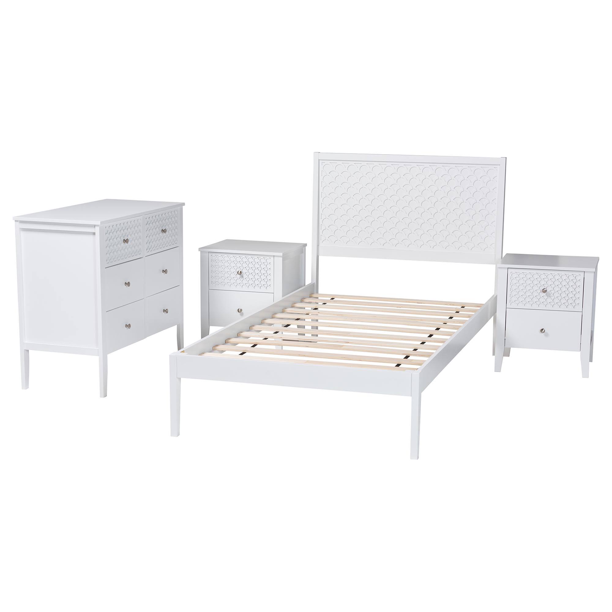 Angle. Baxton Studio - Lara Twin 4-Piece Bedroom Set - Modern Wood Bed Frame with Matching Nightstands and Dresser - White.