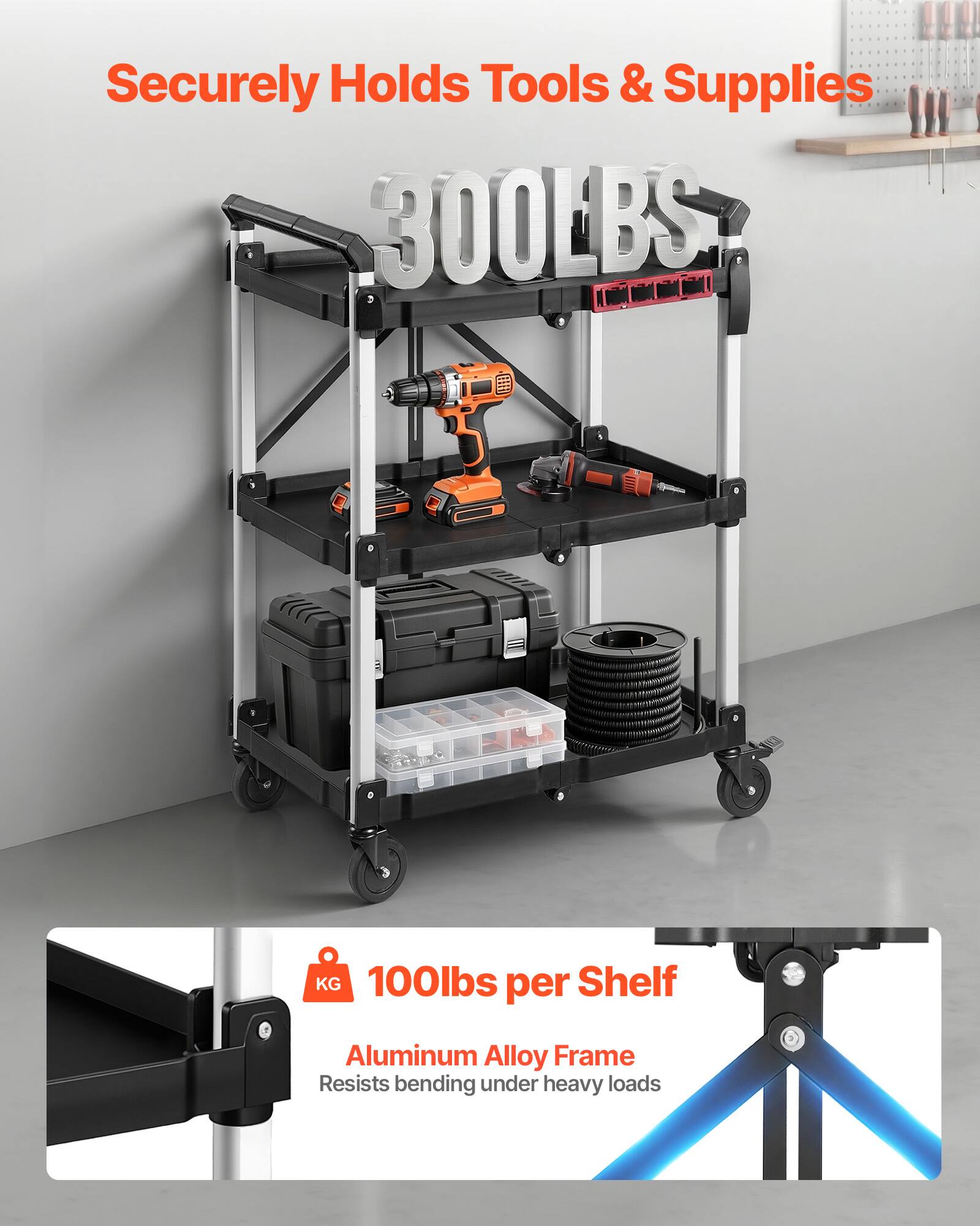 Securely Holds Tools & Supplies  
300 LBS  
100 lbs per Shelf  
Aluminum Alloy Frame  
Resists bending under heavy loads