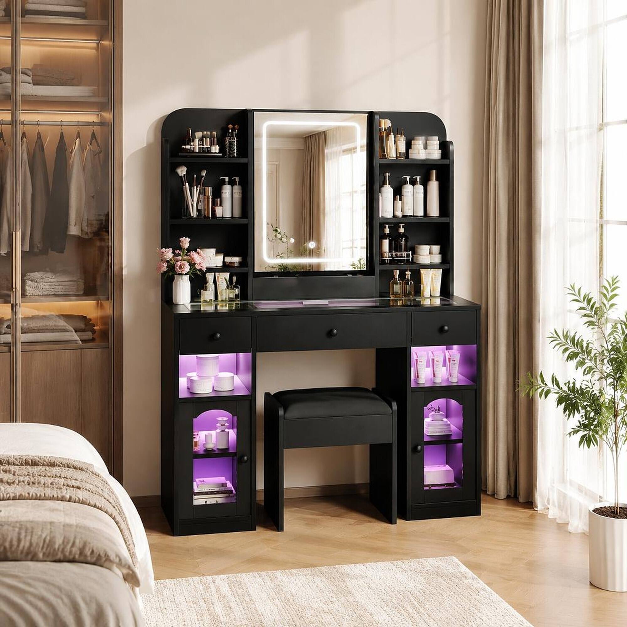 Angle. RYHNUYNE - 43.2 in Vanity Desk, LED Mirror, 3 Drawers, Glass Top, RGB Cabinets, Stool, Black Makeup Table - Black.