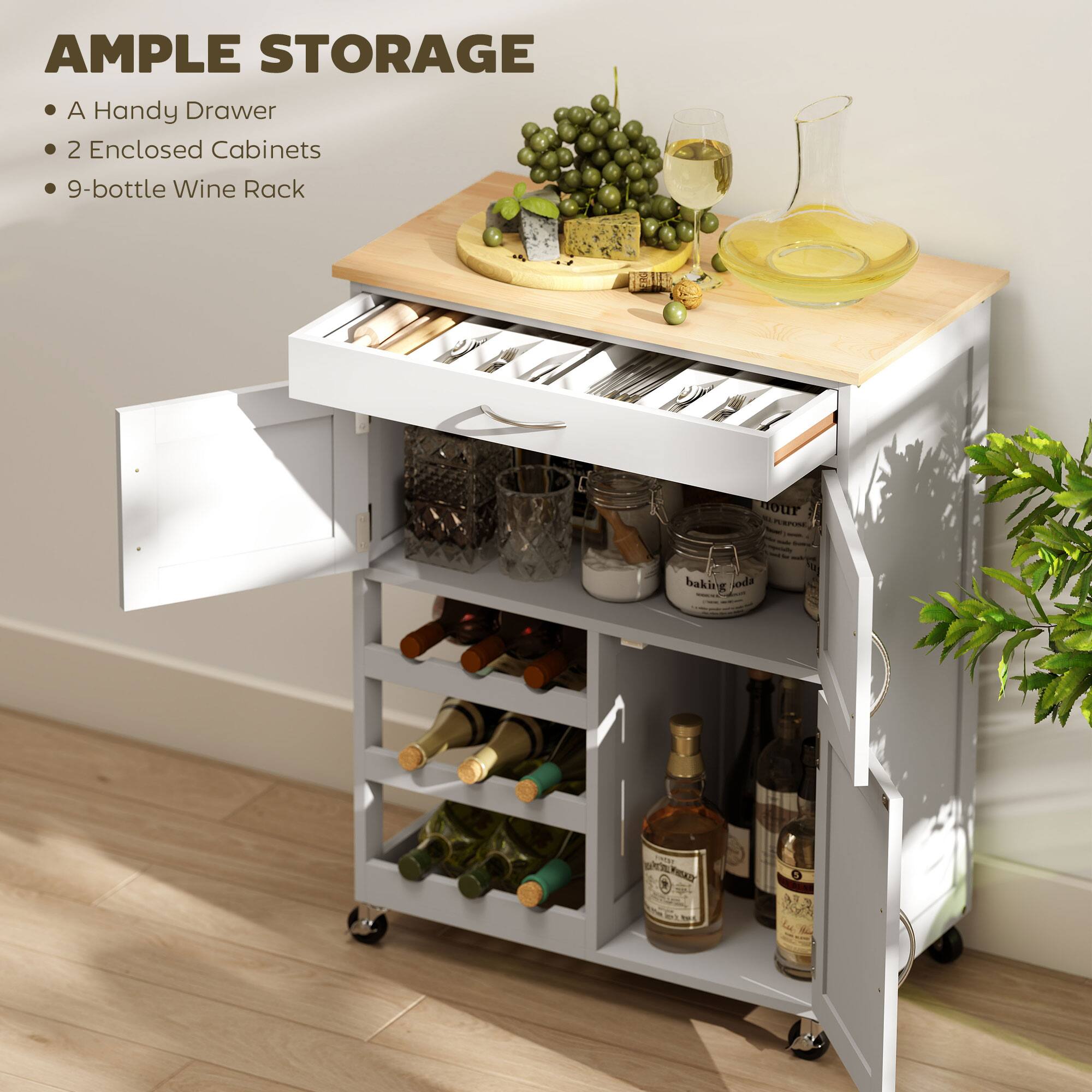 AMPLE STORAGE

A Handy Drawer
2 Enclosed Cabinets
9-bottle Wine Rack
baking soda
CHRE OTIO TORD O 3 - fos