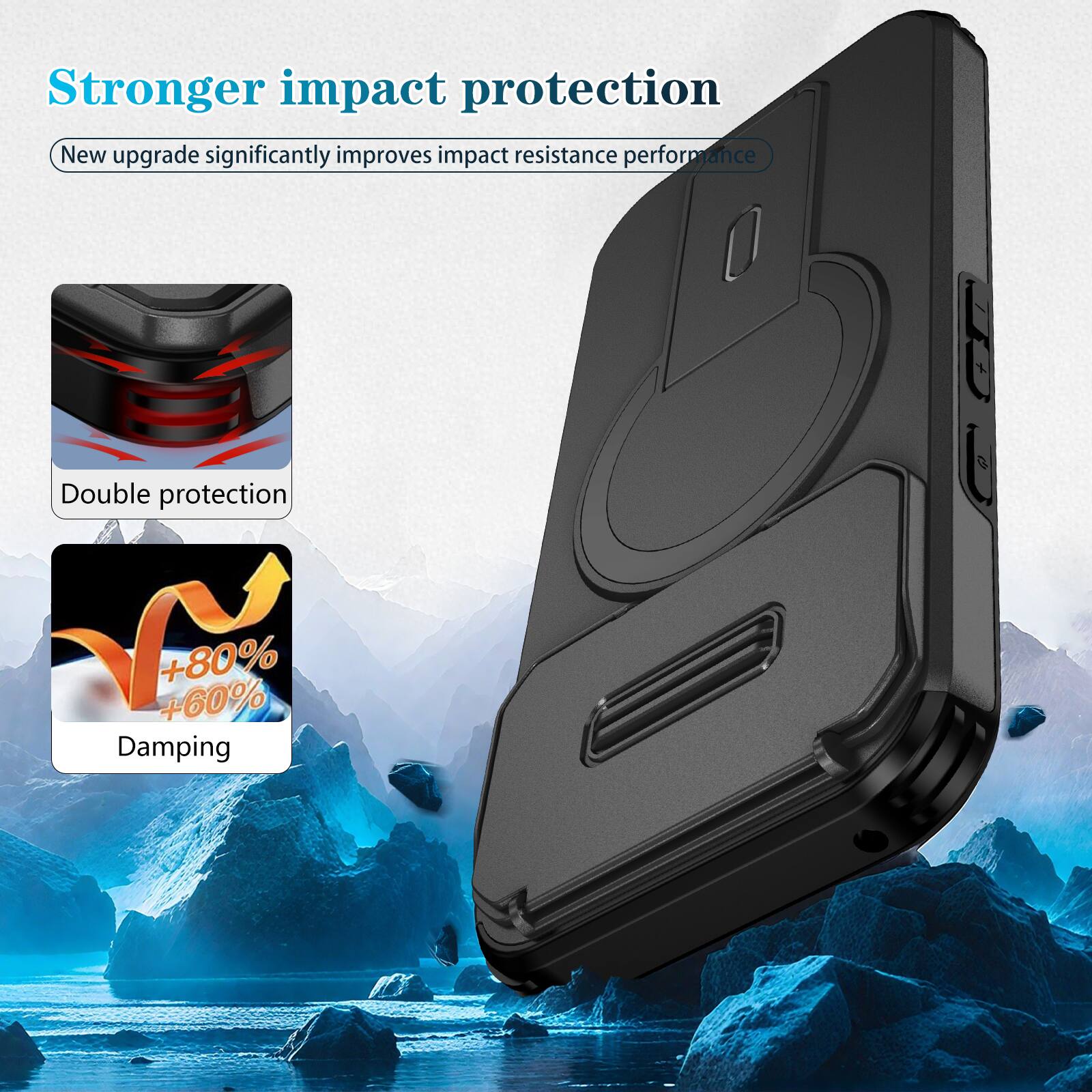 Stronger impact protection  
New upgrade significantly improves impact resistance performance  
Double protection  
+80% +60% Damping