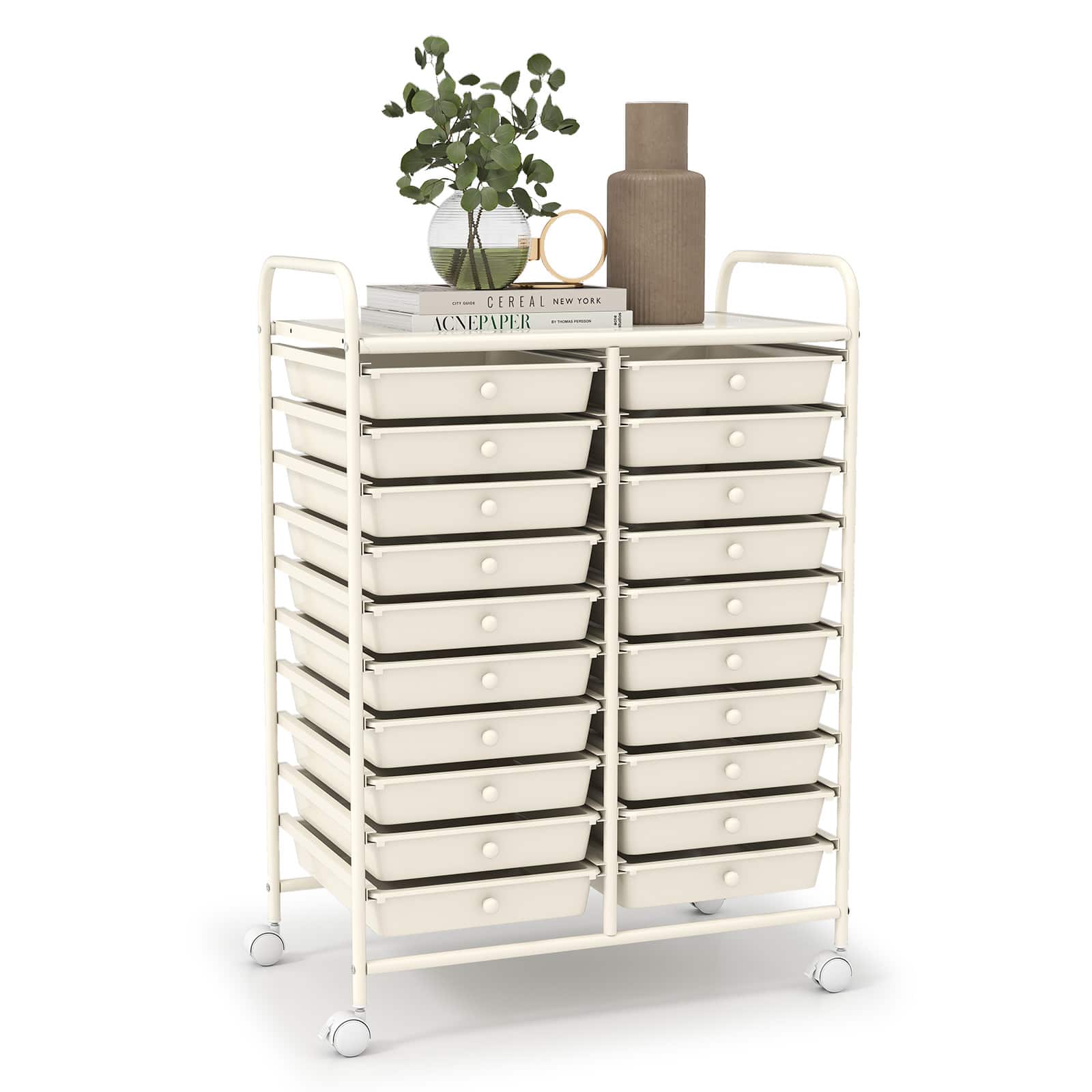 Costway - 20 Drawers Rolling Storage Cart Art Craft Organizer on Wheels Multipurpose - Off-White