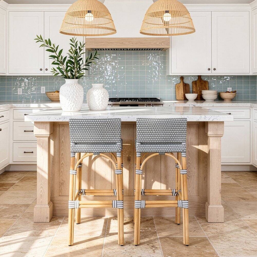 Alt View 4. Butler Specialty - Serienna 30 in. Seat Height Rattan Low Back Bar Stool - Gray And White Dot.