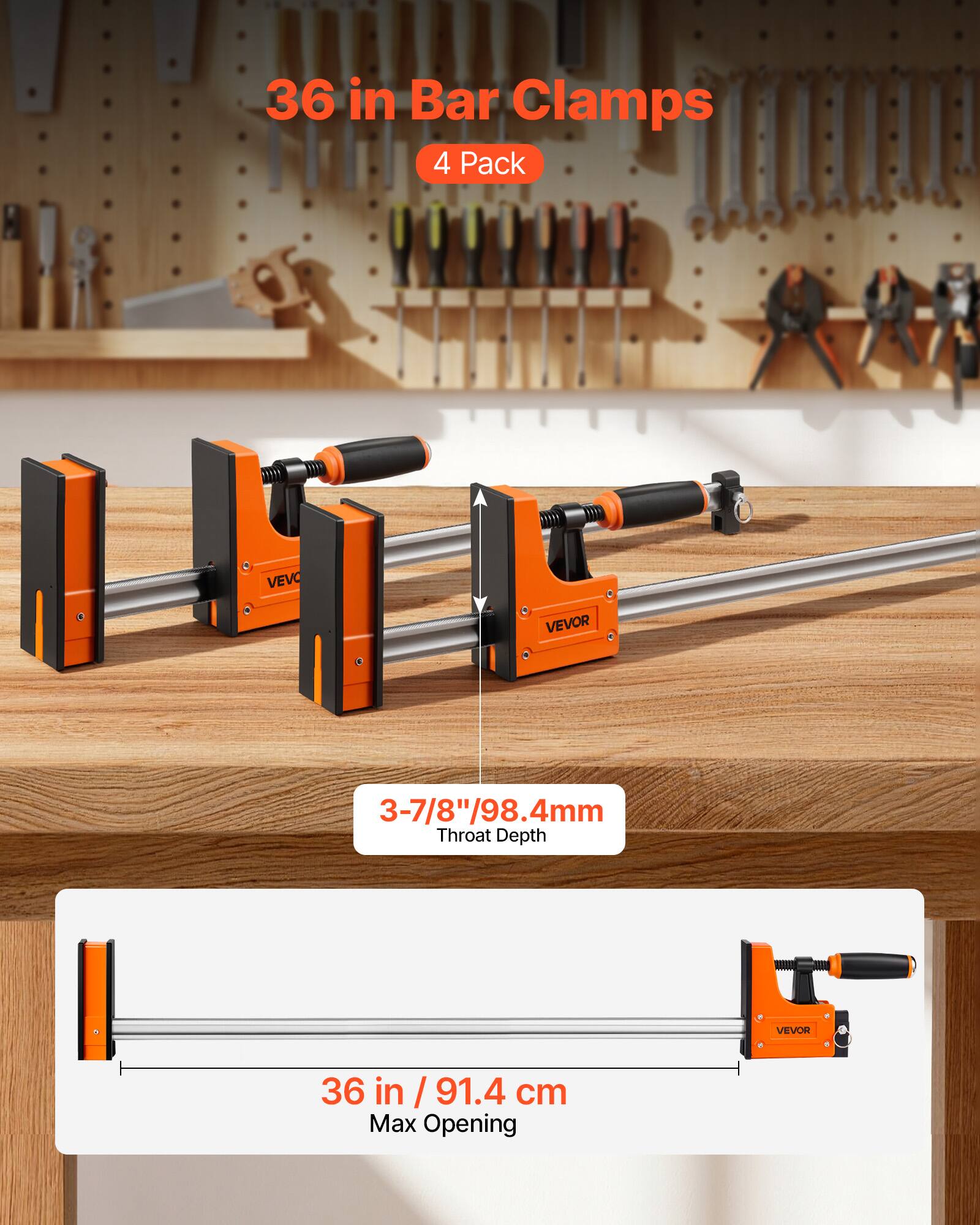 36 in Bar Clamps 4 Pack VEVO VEVOR 3-7/8"/98.4mm Throat Depth VEVOR 36 in / 91.4 cm Max Opening