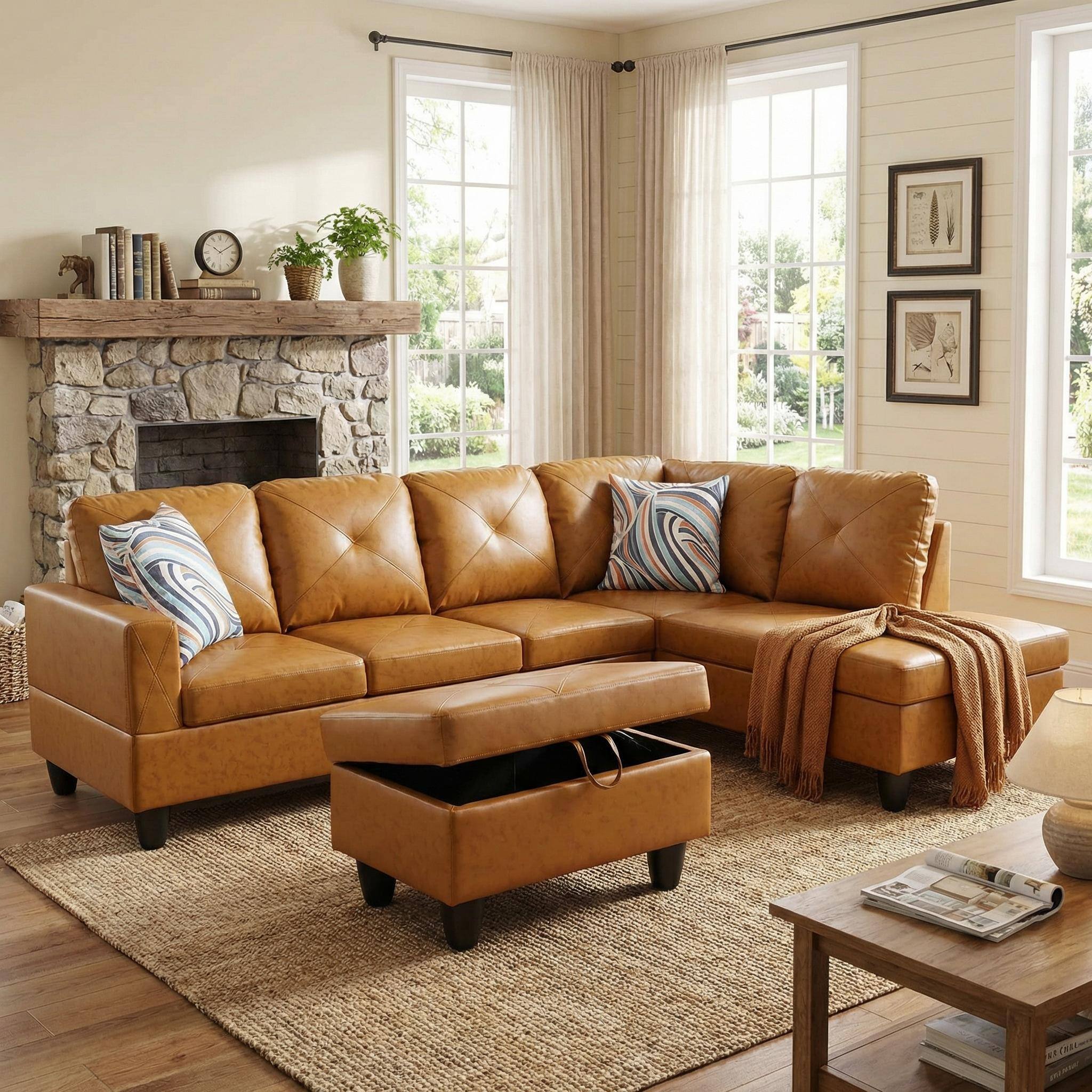 Alt View 3. Boyel Living - Premium Semi PU Upholstered Sofa Solid Wood Frame Double Spring with Right Chaise Lounge - Caramel Brown.