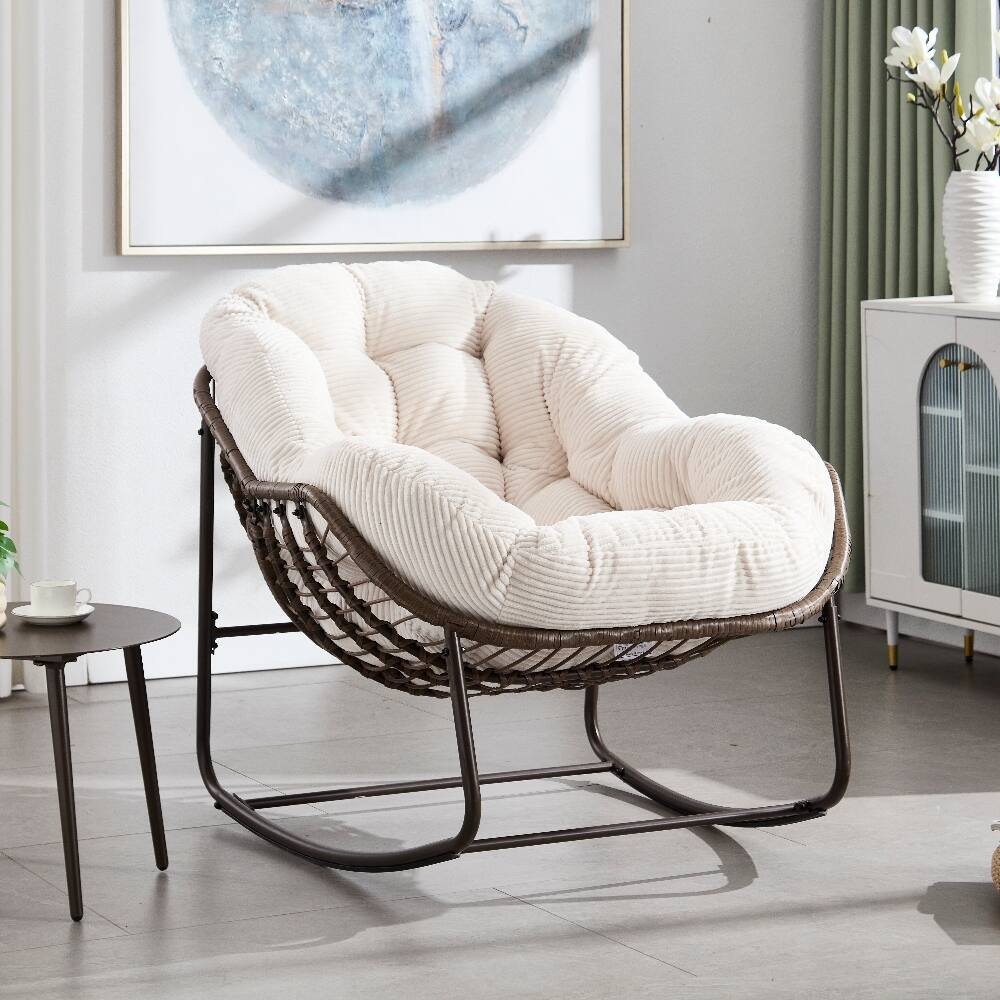 Left. Loheer - Loheer Outdoor Rattan Rocking Chair Padded Cushion Rocker Recliner Oversized Egg Chair for Patio Porch Living Room White - White.