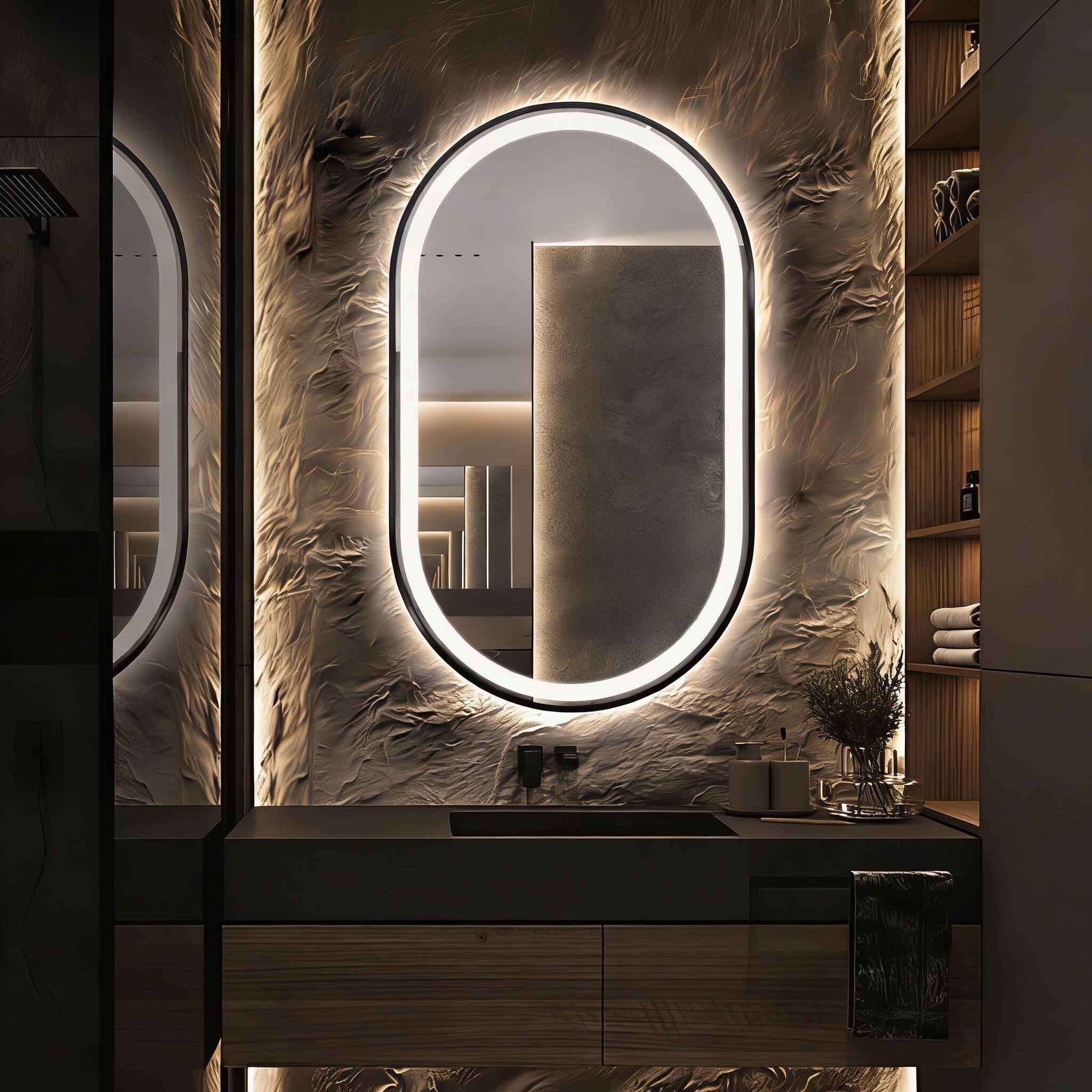 Front. METALTON - Oval Led Bathroom Mirror Lighted Vanity With Frame Anti Fog Smart Colors Dimmable For Makeup Frontlit Water - Black 40"L x 24"W.