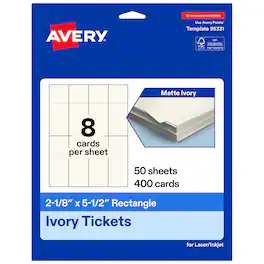 Avery - 2-1/8" x 5-1/2" Rectangle Tickets, Matte Ivory, 400ct - White