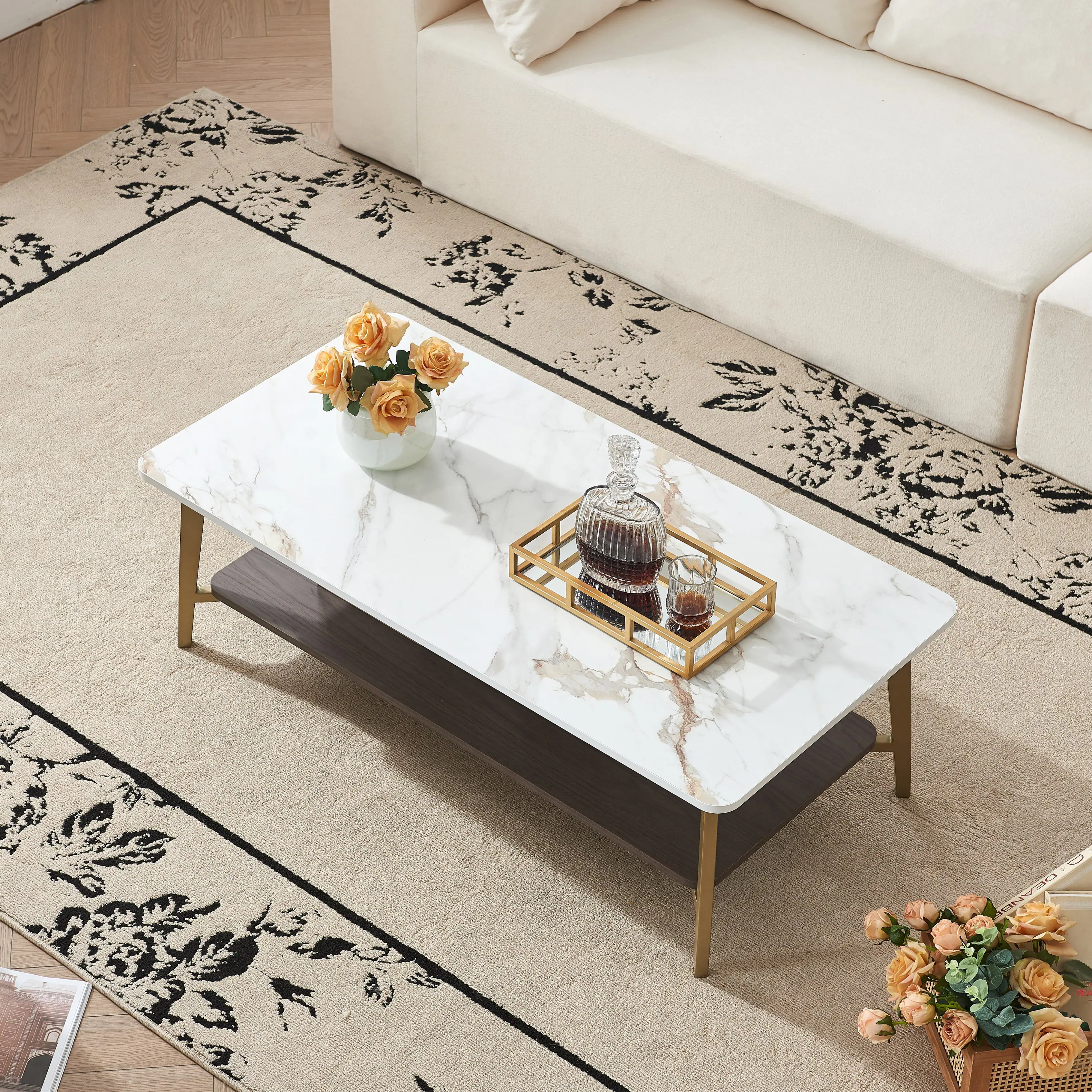 Alt View 10. Tiramisubest - Coffee Table,Rectangular Center Table for Living Room,Open Space Side Table with Metal Frame - Golden+White.