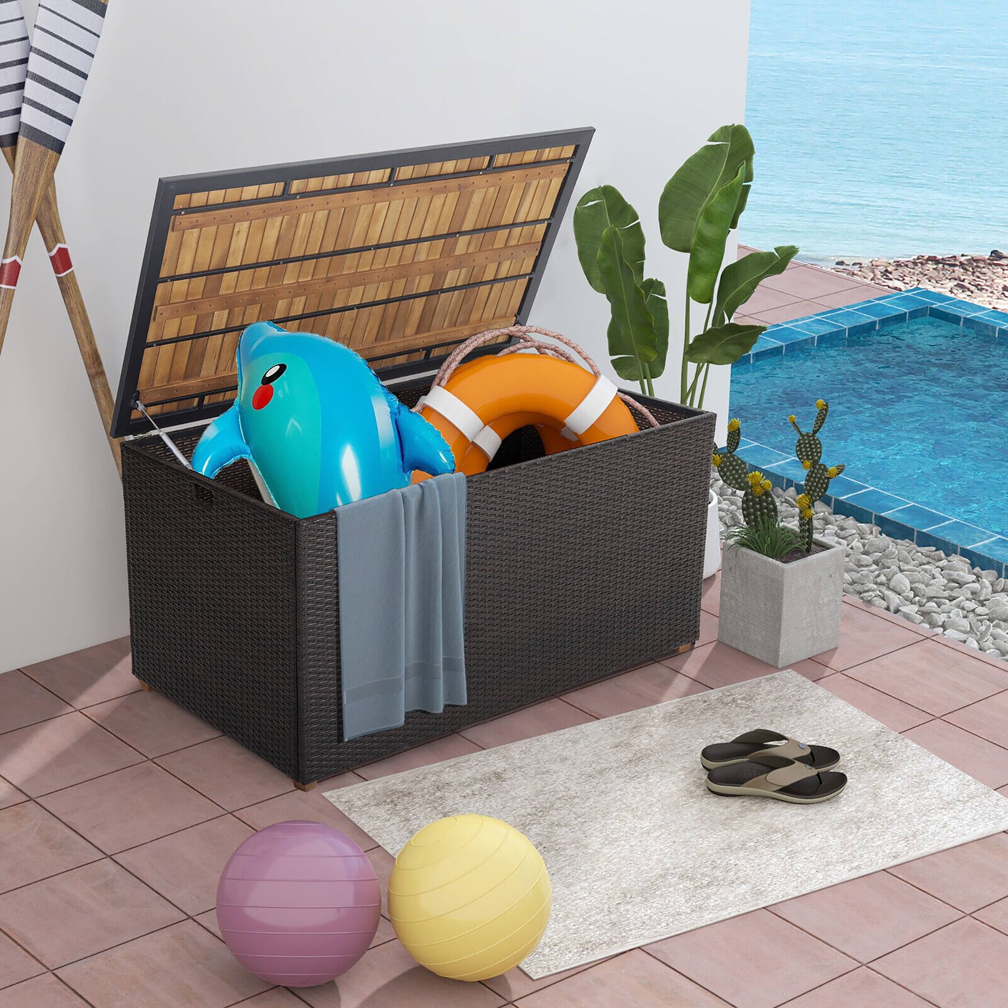 Alt View 2. Gymax - Gymax 134 Gallon Patio Wicker Storage Deck Box w/ Solid Acacia Wood Backyard - Mix Brown.