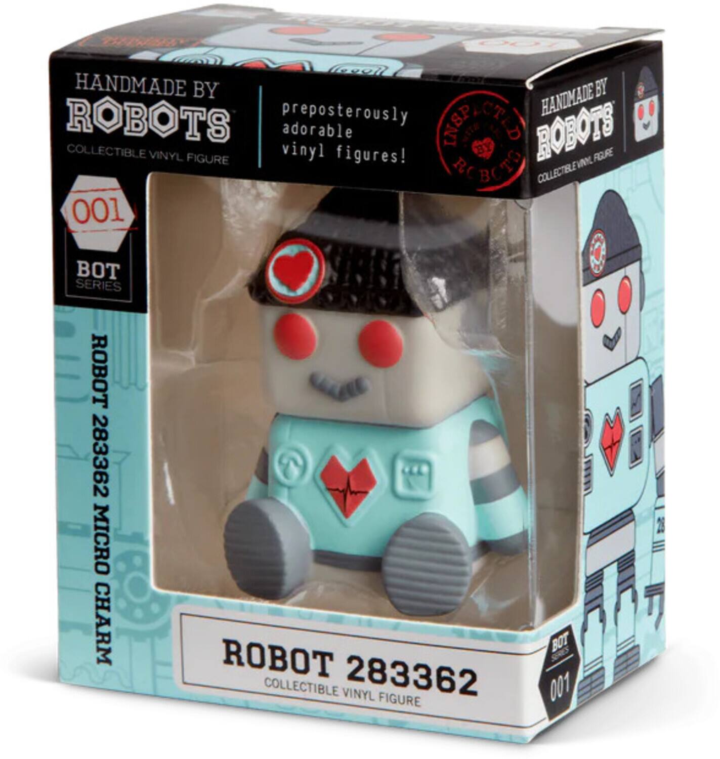 The text on the image can be grouped and corrected as follows:

"Handmade by Robots, preposterously adorable vinyl figures! Collectible vinyl figure, Robot 283362, Micro Charm, Bot 001, Collectible Vinyl Figure."

This text is likely describing a collectible vinyl figure from a series called "Handmade by Robots."