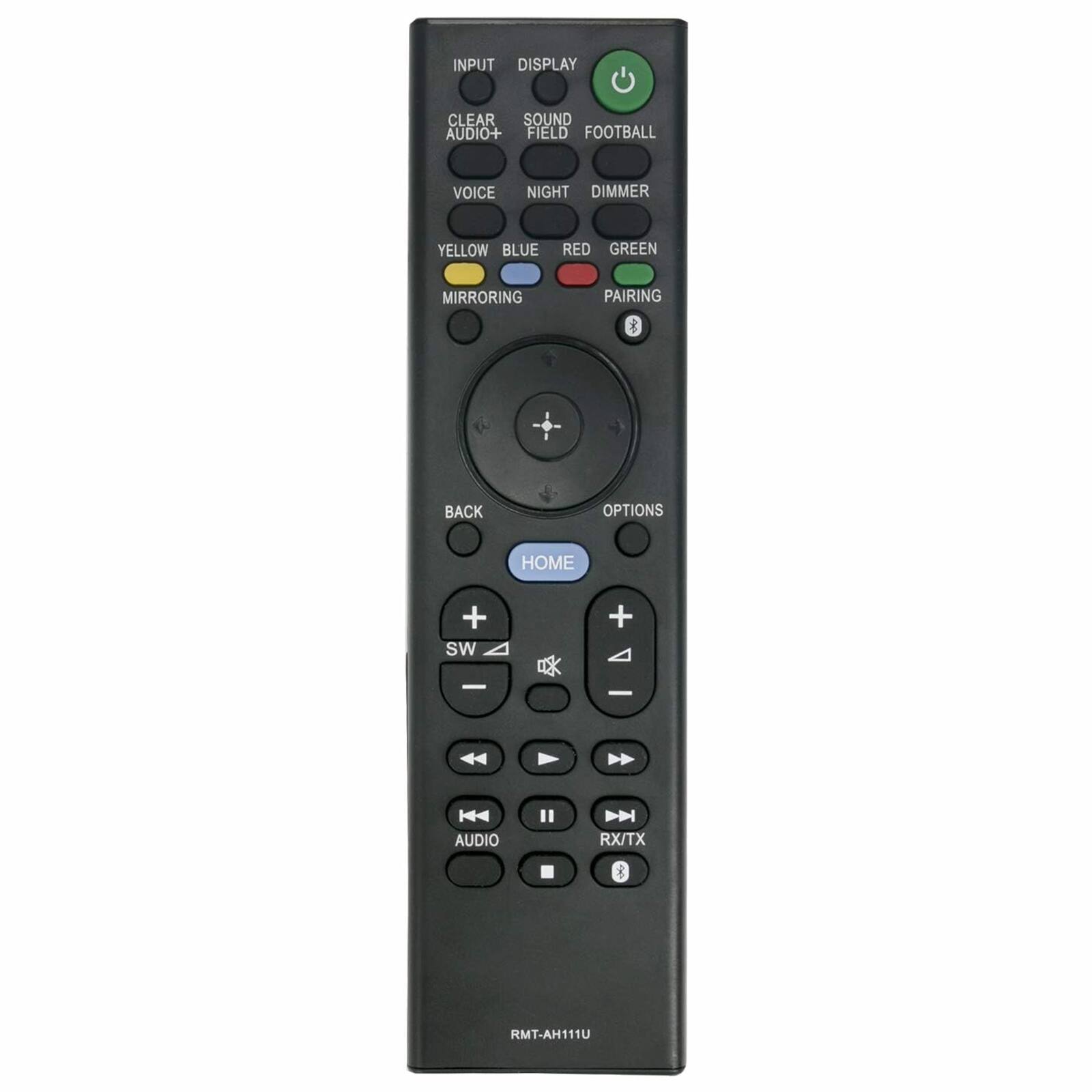INPUT  
DISPLAY  
CLEAR AUDIO+  
SOUND FIELD  
VOICE  
NIGHT  
DIMMER  
YELLOW  
BLUE  
RED  
GREEN  
MIRRORING  
PAIRING  

PLAY  
SOUND  
FOOTBALL  
LIGHT  
DARK  

BACK  
OPTIONS  
HOME  
SW  
+  
-  
AUDIO  
RX/TX  

RMT-AH111U