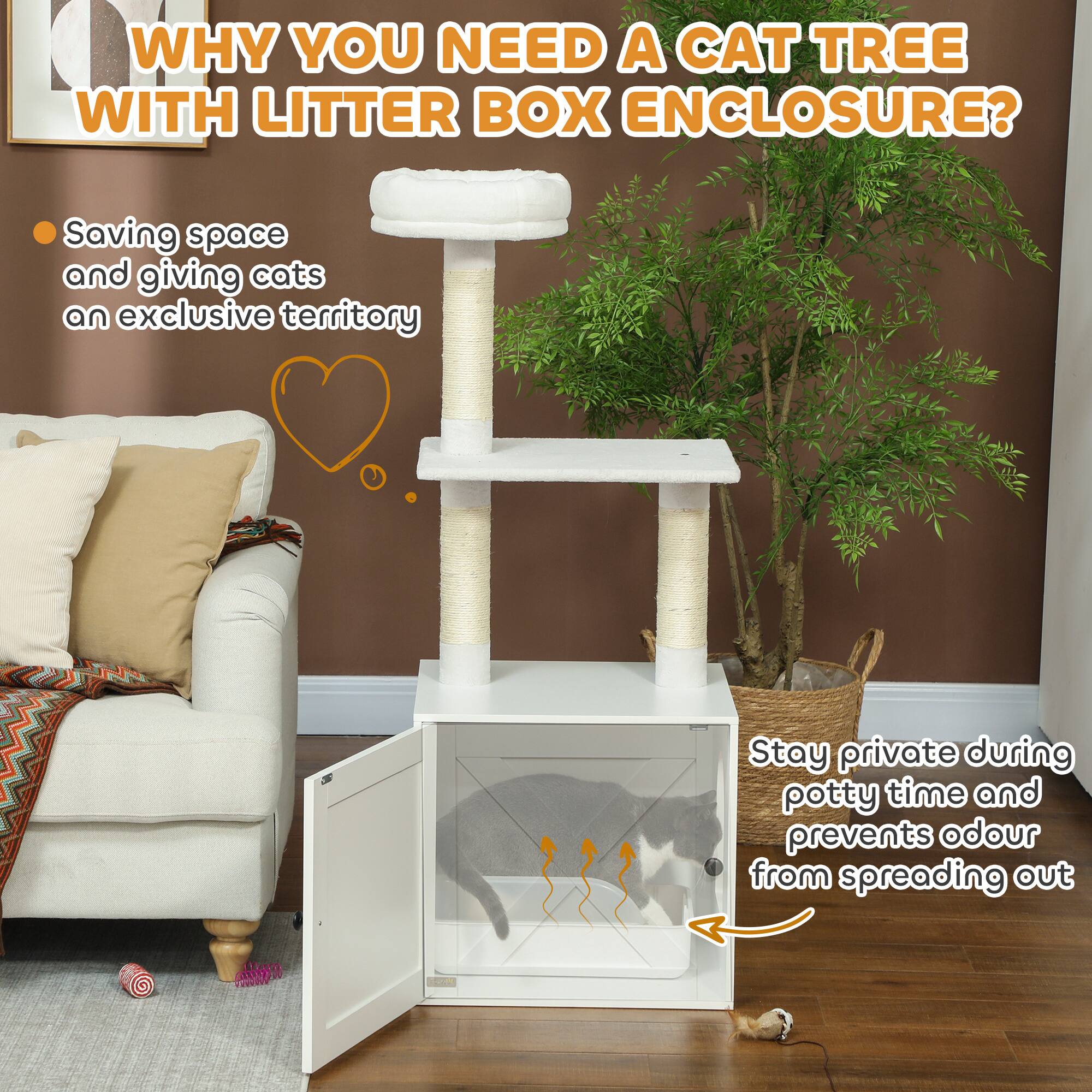 WHY YOU NEED A CAT TREE WITH LITTER BOX ENCLOSURE?

- Saving space and giving cats an exclusive territory

- Stay private during potty time and prevents odour from spreading out