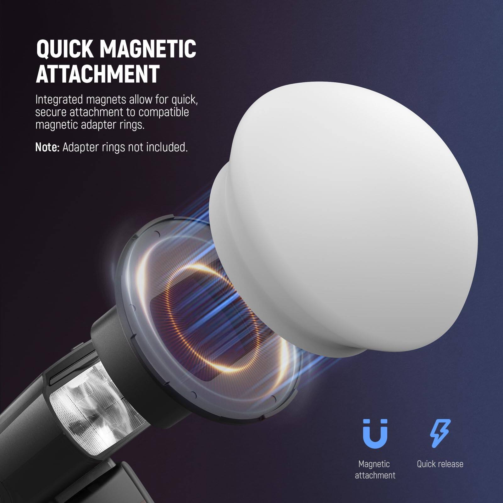 QUICK MAGNETIC ATTACHMENT

Integrated magnets allow for quick, secure attachment to compatible magnetic adapter rings.

Note: Adapter rings not included.

Magnetic attachment  
Quick release