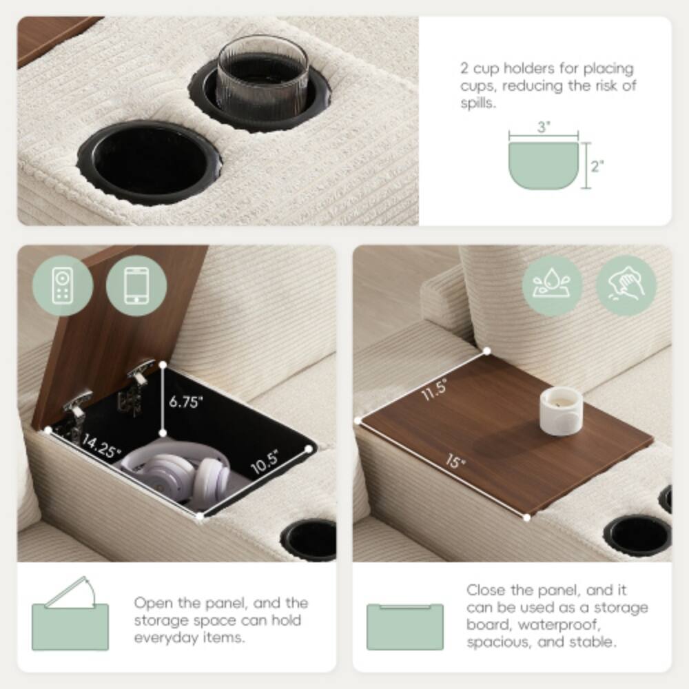 2 cup holders for placing cups, reducing the risk of spills.  
3" x 2"  
14.25" x 6.75" x 10.5" x 11.5" x 15"  

Open the panel, and the storage space can hold everyday items.  
Close the panel, and it can be used as a storage board, waterproof, spacious, and stable.
