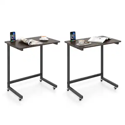 Front. Gymax - Gymax 2PCS C-shaped End Table w/Wheels Built-in Phone Slot for Living Room Bedroom - Brown.