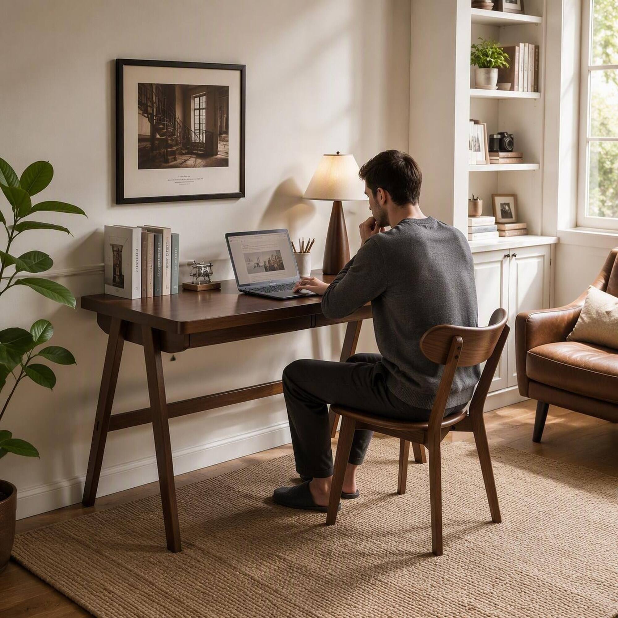 Angle. RYHNUYNE - Solid Rubber Wood Computer Desk, Retro Walnut Writing Desk with Drawer, 47.24 x 21.65 Inches, Extra Thick A-Frame Study - Walnut.