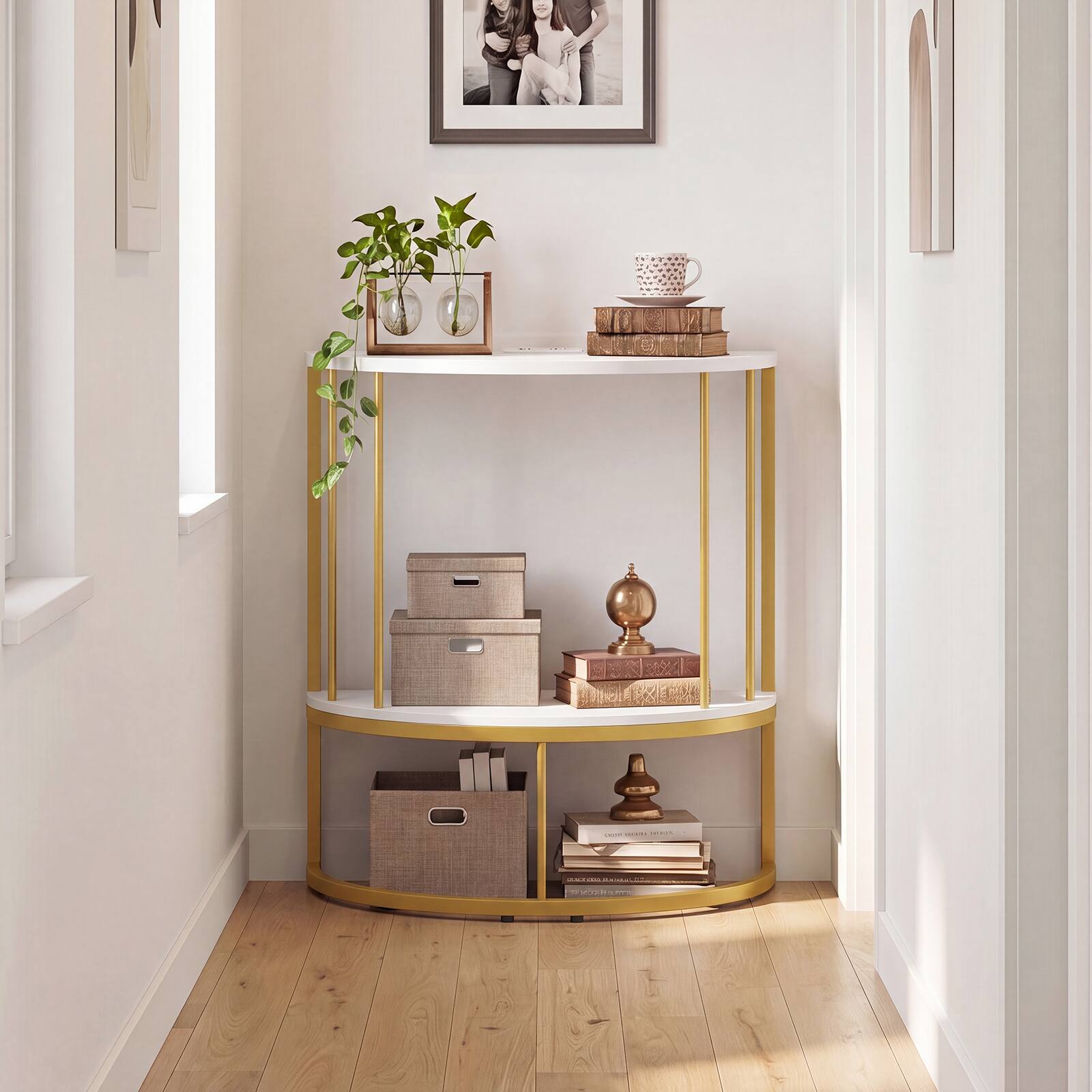 Alt View 5. Costway - Costway Half Moon Console Table with Power Outlets, 2-Tier Entryway Table with Storage Shelf - Gold & White.