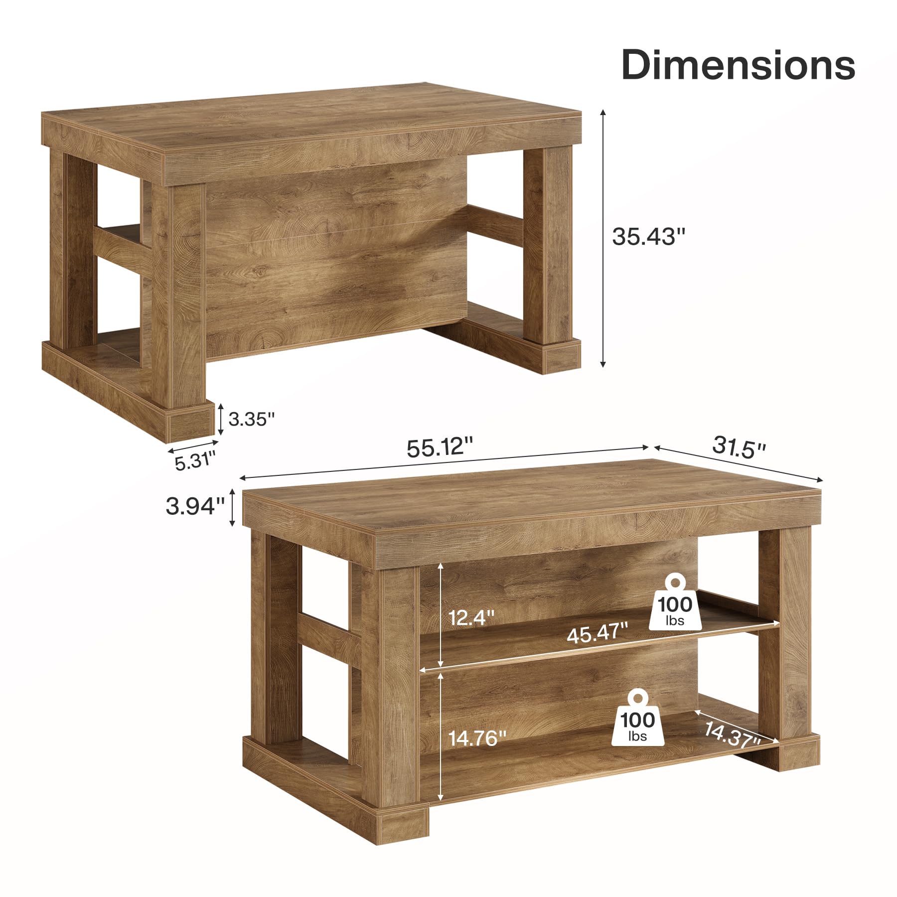 Dimensions  
35.43"  
3.35" 5.31" 3.94"  
55.12"  
31.5"  
12.4"  
45.47"  
100 lbs  
14.76"  
100 lbs  
14.37"