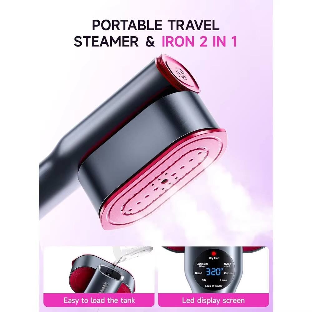 PORTABLE TRAVEL STEAMER & IRON 2 IN 1

- Dry Hot
- Chemical
- Blend
- 320°F
- Silk
- Cotton
- Linen
- Lack of water

Easy to load the tank

Led display screen