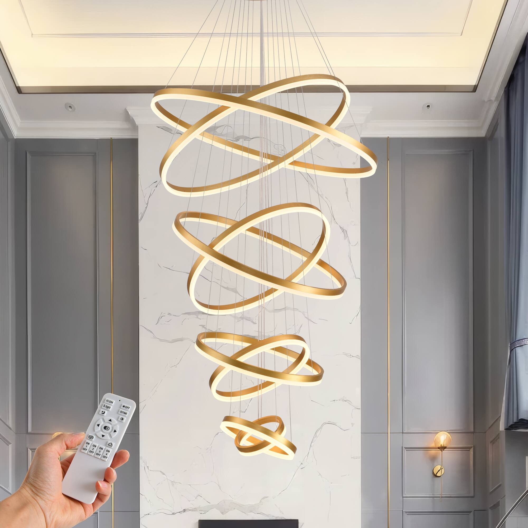 Front. RYHNUYNE - 8-Ring LED Chandelier with Remote Adjustable Dimmable Ceiling Light for High Ceilings, Foyer, Staircase - Gold.