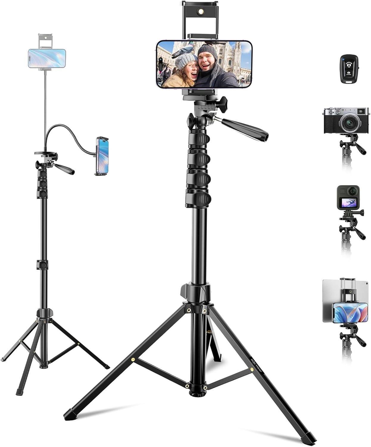 Front. Schertz - 85" Phone Tripod Stand with Gooseneck & Remote, Overhead Selfie Stick for iPhone, Android & Camera.
