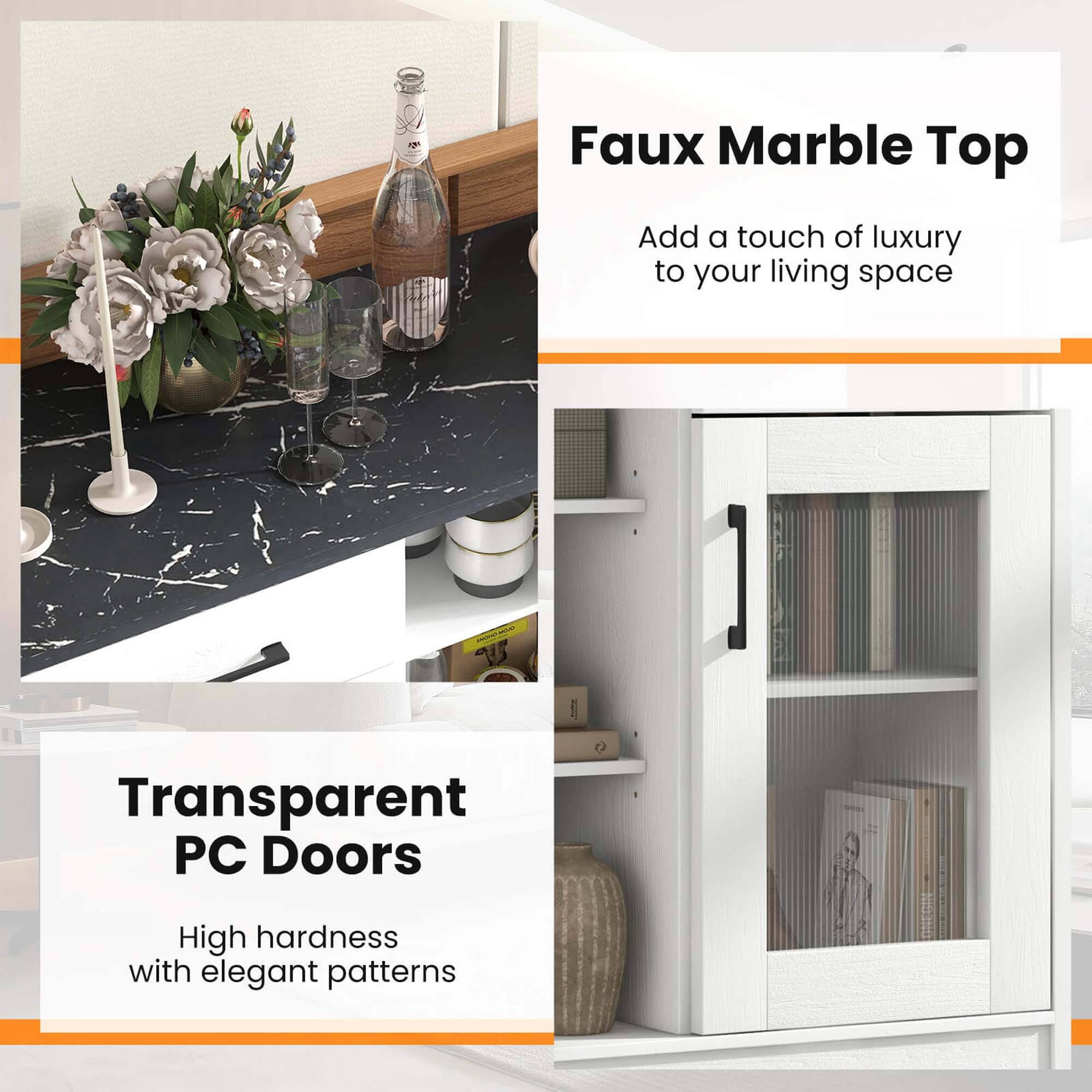 The text on the image can be grouped and corrected as follows:

1. Faux Marble Top: Add a touch of luxury to your living space.
2. Transparent PC Doors: High hardness with elegant patterns.
