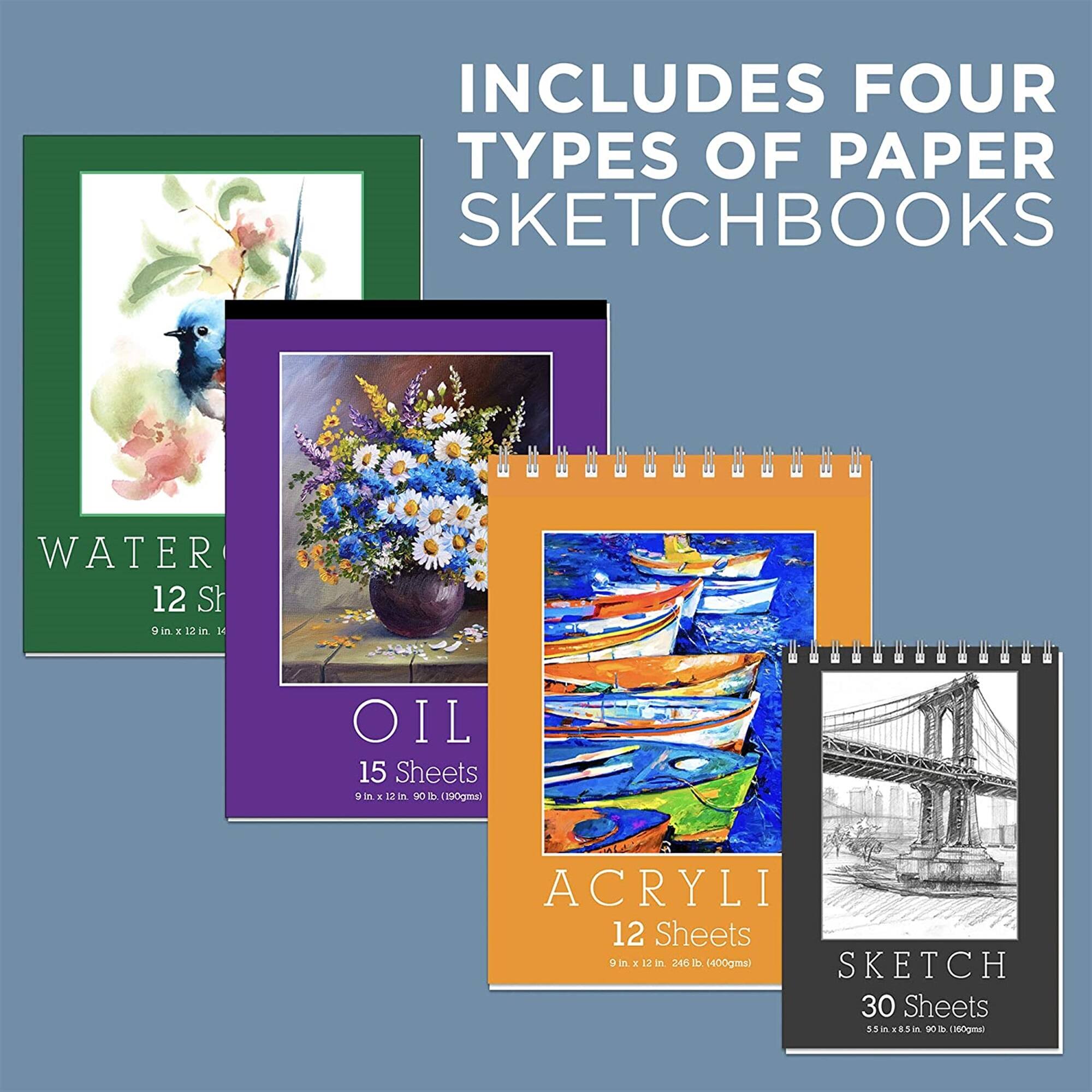 INCLUDES FOUR TYPES OF PAPER SKETCHBOOKS
WATER 12 Sh 9 in x 12 in (160gm)
OIL 15 Sheets 9 in x 12 in (190gm)
ACRYLI 12 Sheets 9 in x 12 in (246gm)
SKETCH 30 Sheets 5.5 in x 8.5 in (150gm)