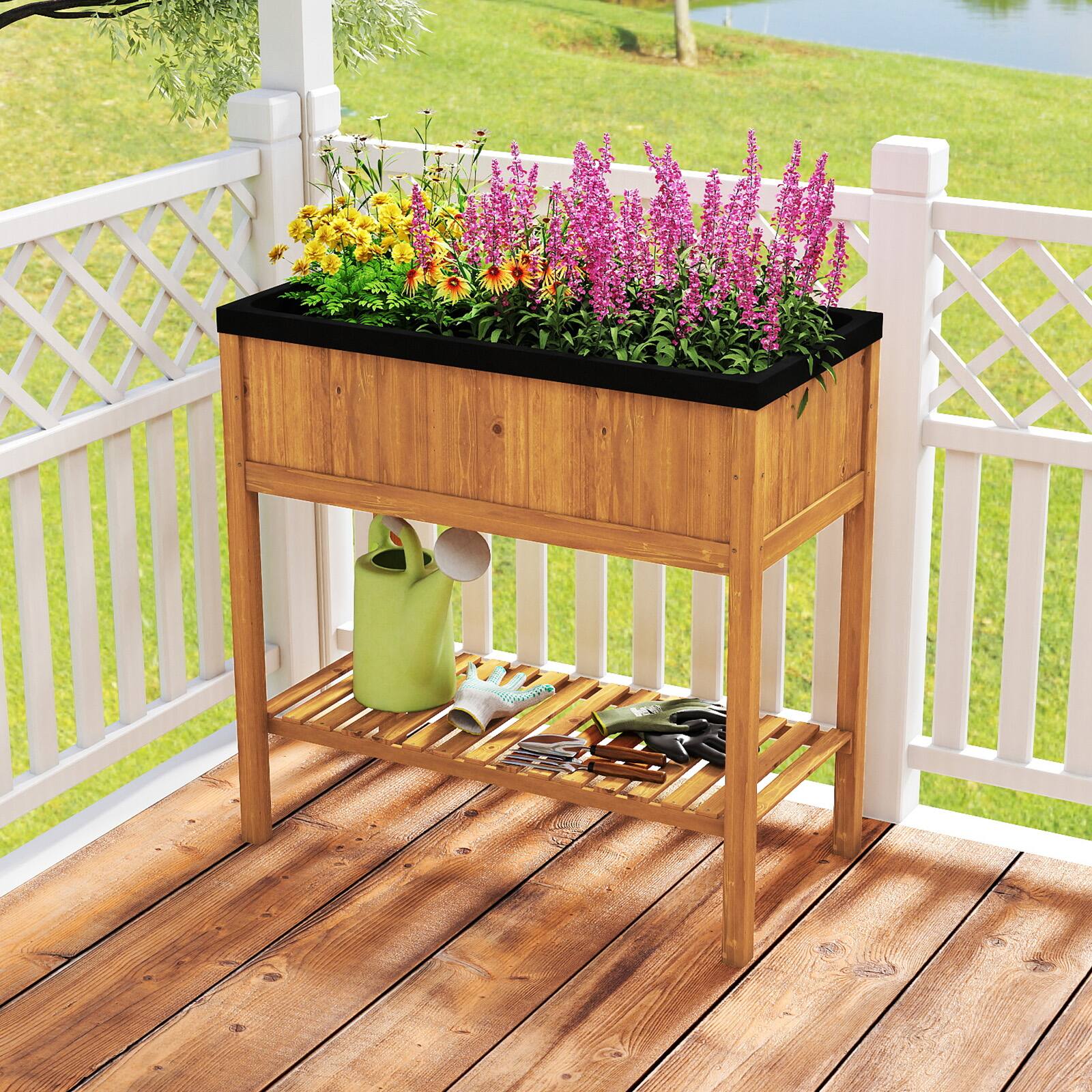 Alt View 1. Gymax - Gymax Wooden Raised Garden Bed w/ Legs Liner Storage Shelf Large Planter Box for Herb - Orange.
