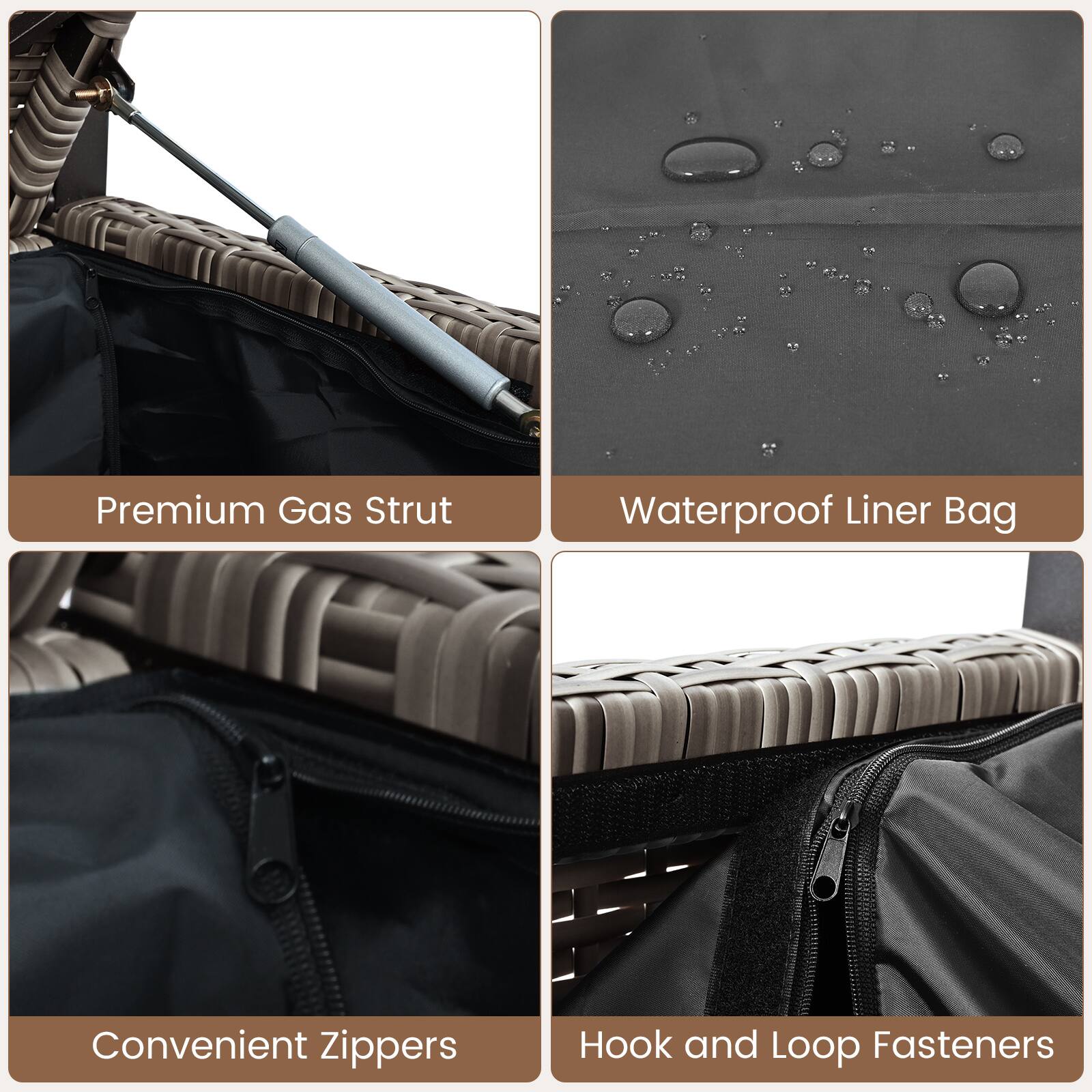 Premium Gas Strut  
Waterproof Liner Bag  
Convenient Zippers  
Hook and Loop Fasteners