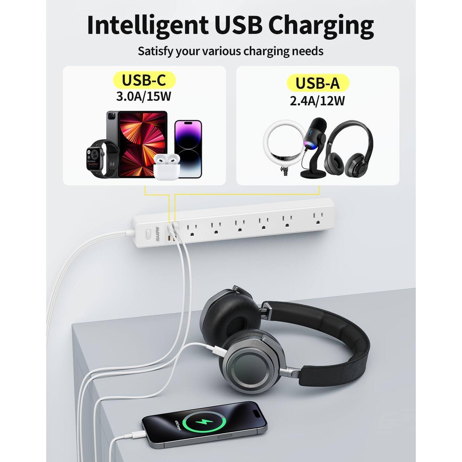 Intelligent USB Charging  
Satisfy your various charging needs  

USB-C  
3.0A/15W  

USB-A  
2.4A/12W