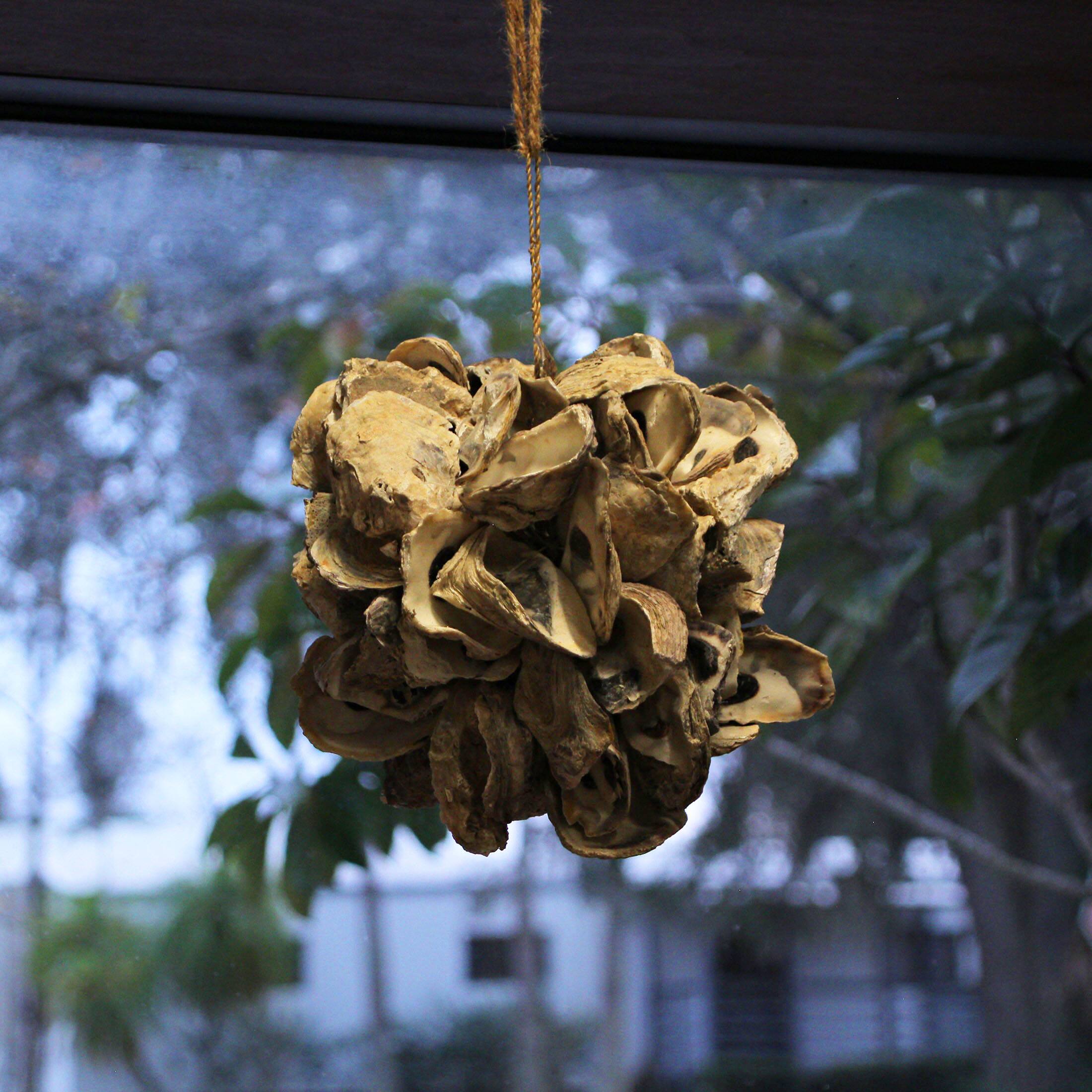 Alt View 3. Things2Die4 - Handcrafted Hanging Coastal 9-Inch Oyster Shell Sphere - Home Beach Ornament - Natural.
