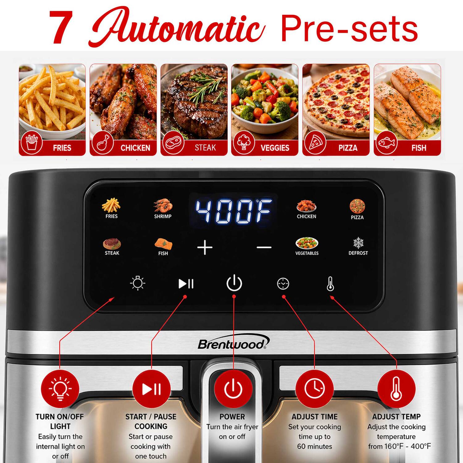7 Automatic Pre-sets

FRIES  
CHICKEN  
STEAK  
VEGGIES  
PIZZA  
FISH  

400F  
CHICKEN  
FISH + VEGETABLES  
PIZZA  
DEFROST  

Brentwood  

TURN ON/OFF LIGHT  
Easily turn the internal light on or off  

START / PAUSE COOKING  
Start or pause cooking with one touch  

POWER  
Turn the air fryer on or off  

ADJUST TIME  
Set your cooking time up to 60 minutes  

ADJUST TEMP  
Adjust the cooking temperature from 160F - 400F