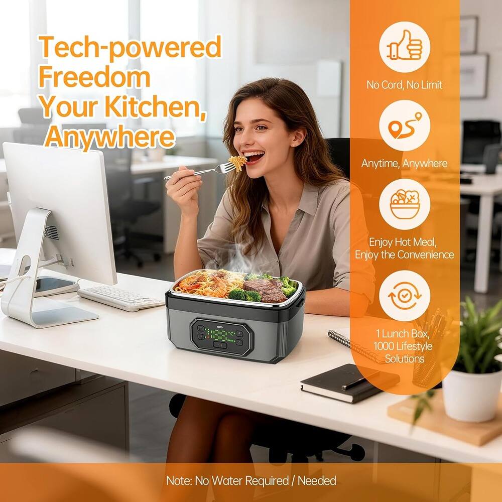 Tech-powered Freedom  
Your Kitchen, Anywhere  

No Cord, No Limit  
Anytime, Anywhere  
Enjoy Hot Meal, Enjoy the Convenience  

1 Lunch Box, 1000 Lifestyle Solutions  

Note: No Water Required / Needed