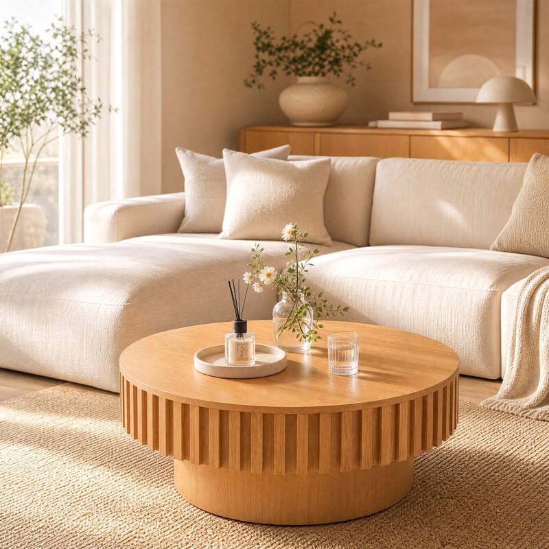 Angle. WELLFOR - Modern Round Coffee Table with Storage, Wooden Drum Center Tables with Hidden Compartment - Natural.