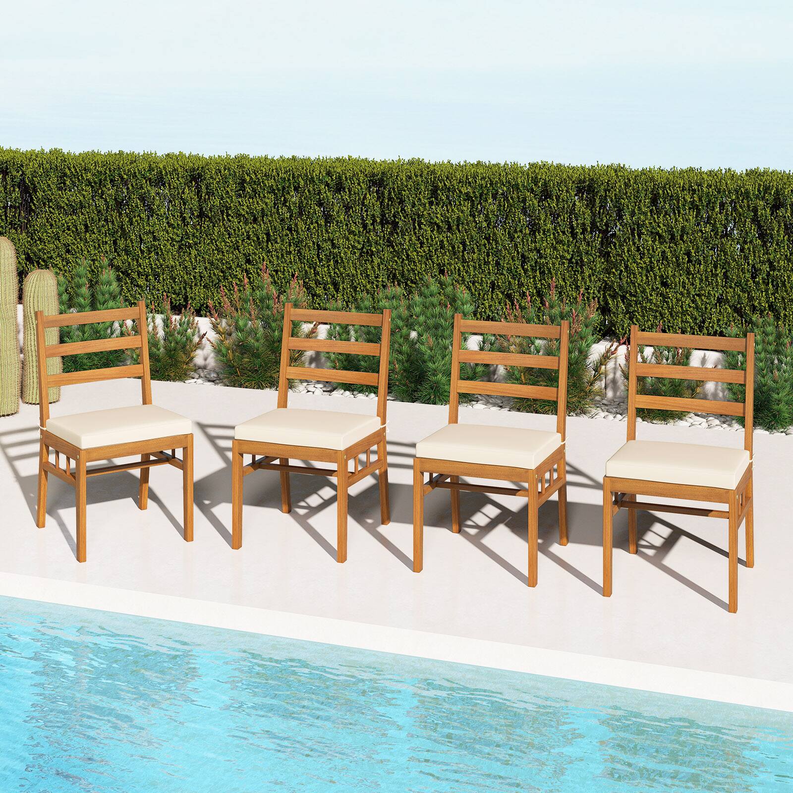 Alt View 1. Gymax - Gymax Solid Acacia Wood Patio Chair Set of 4 w/ Padded Seat Cushions - White.