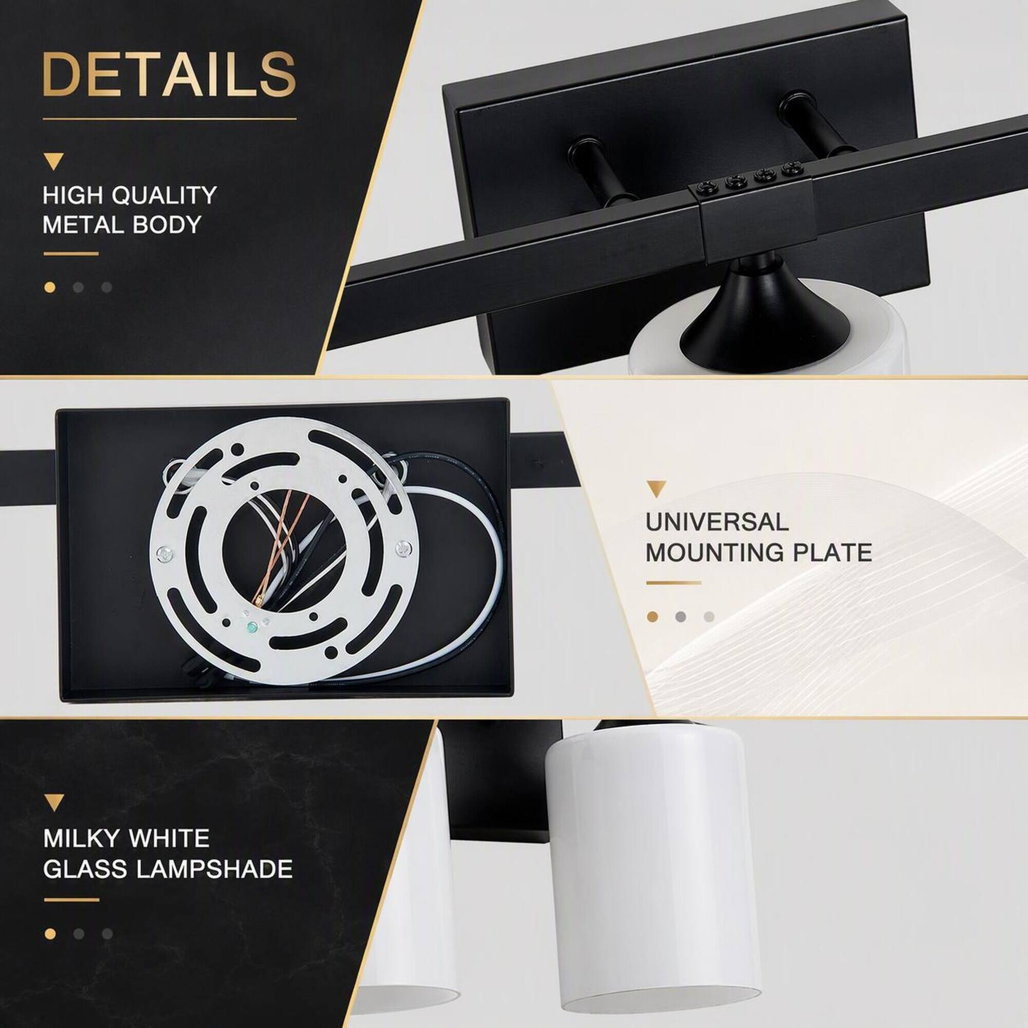 DETAILS
- HIGH QUALITY METAL BODY
- UNIVERSAL MOUNTING PLATE
- MILKY WHITE GLASS LAMPSHADE