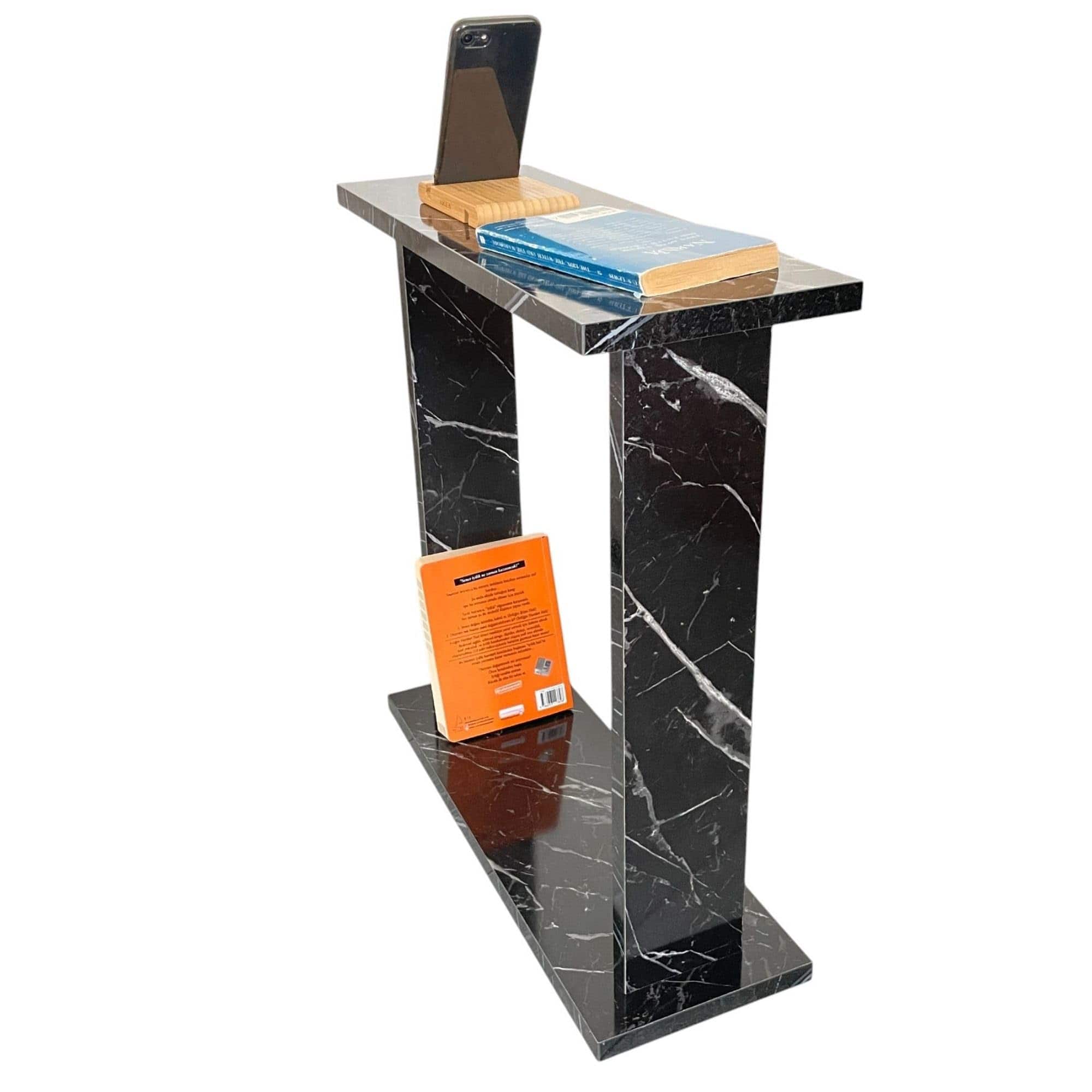 Fabibe - Very Narrow Side Table for Living Room, Small Apartment Space Between Chairs Skinny Table for Recliner, Couch - Black Marble