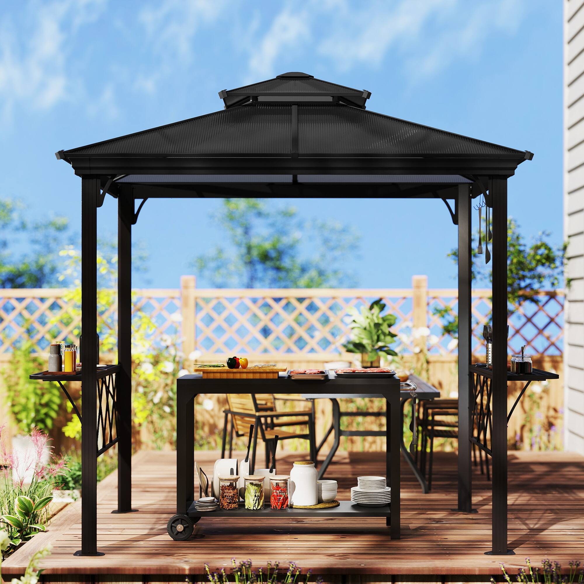 Alt View 7. Outsunny - 9 x 5 ft. Grill Gazebo, Hardtop BBQ Gazebo Canopy with 2-Tier Polycarbonate Roof, Shelves, Serving Tables - Coffee.
