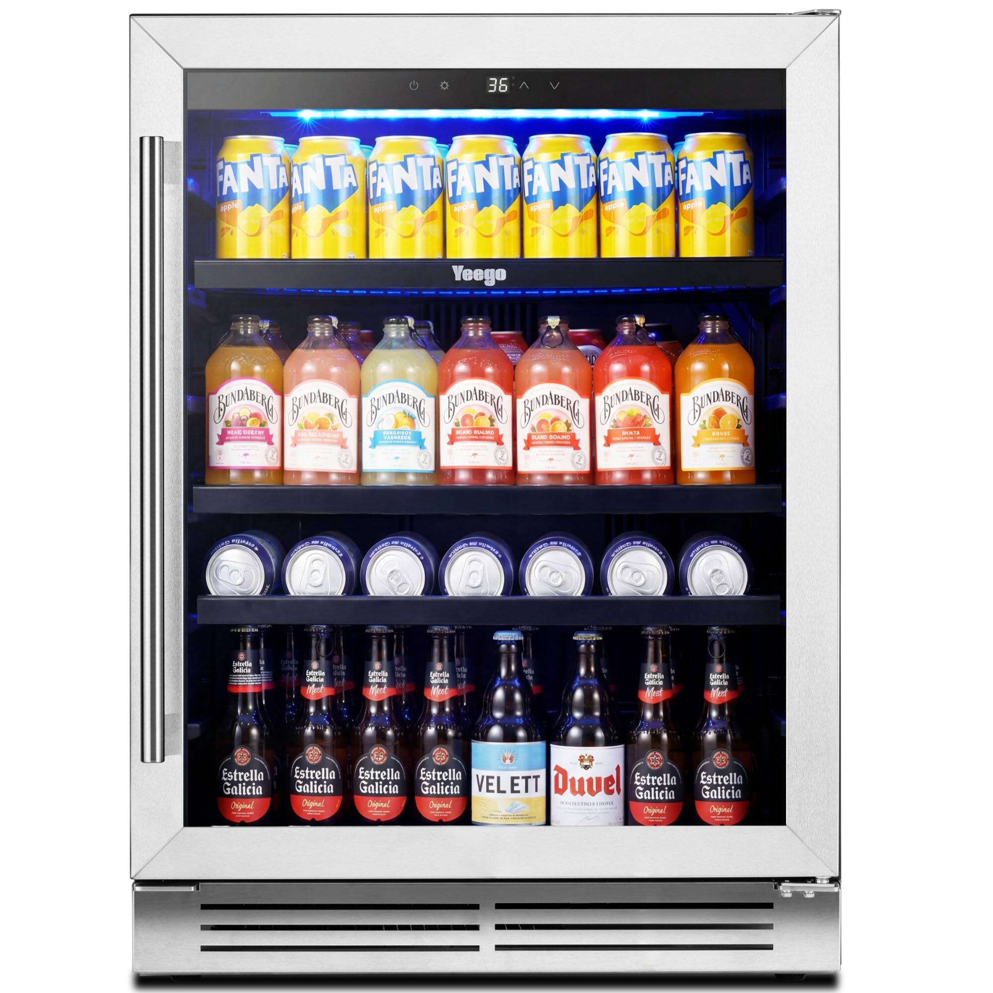 Yeego - Beverage Refrigerator Cooler - 24 inch 180 Cans Mini Fridge with Glass Door, 34-54 ℉ Built-in Beverage Fridge - Stainless Steel